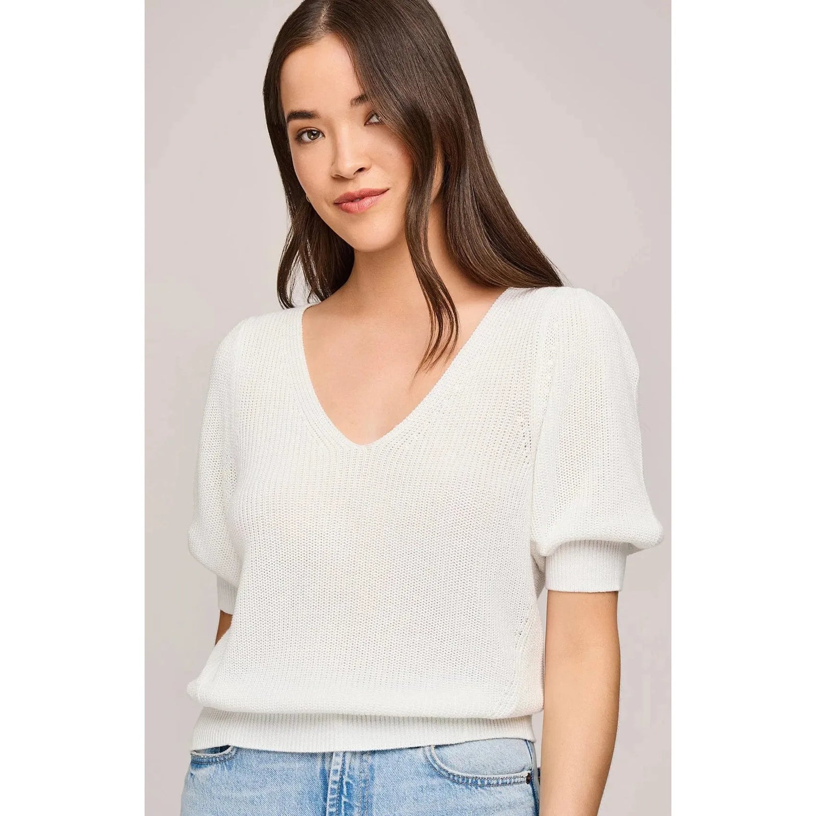 Gentle Fawn Phoebe V-Neck Sweater by Gentle Fawn – white knit, V-neck with puff sleeves.