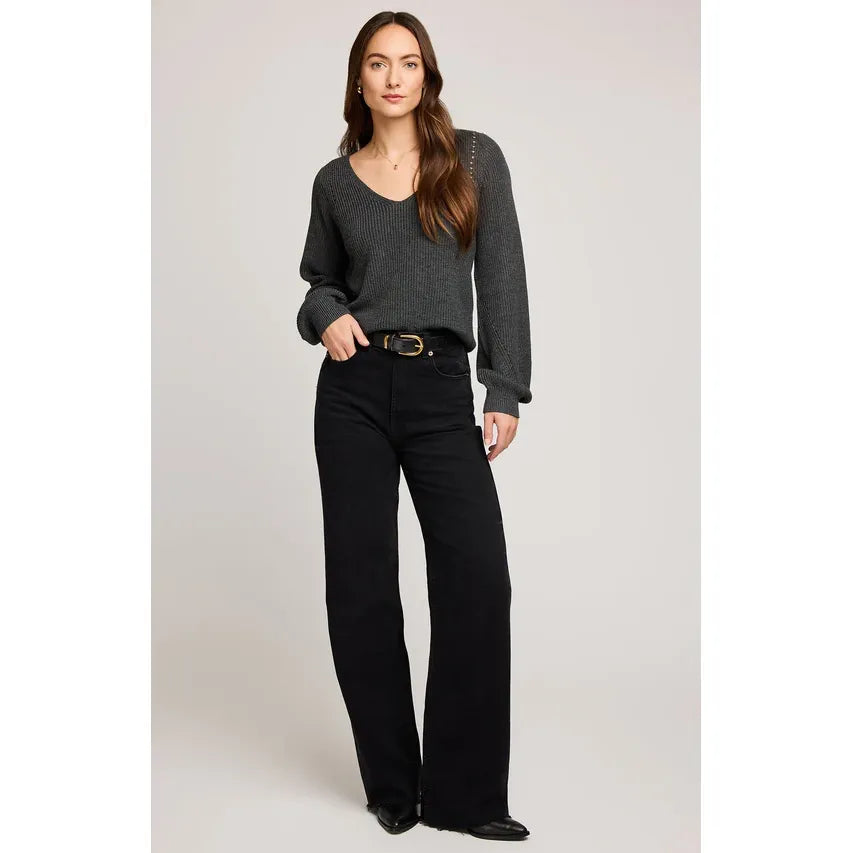 Gentle Fawn Hailey pullover sweater in heather gray with a V-neck and voluminous balloon sleeves.