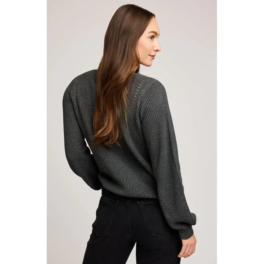 Gentle Fawn Hailey Pullover Sweater on model, back view in gray heathered knit with balloon sleeves.