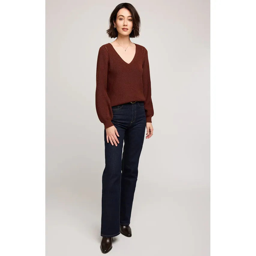 Gentle Fawn Hailey Pullover Sweater in burgundy heathered knit with V-neck and balloon sleeves.