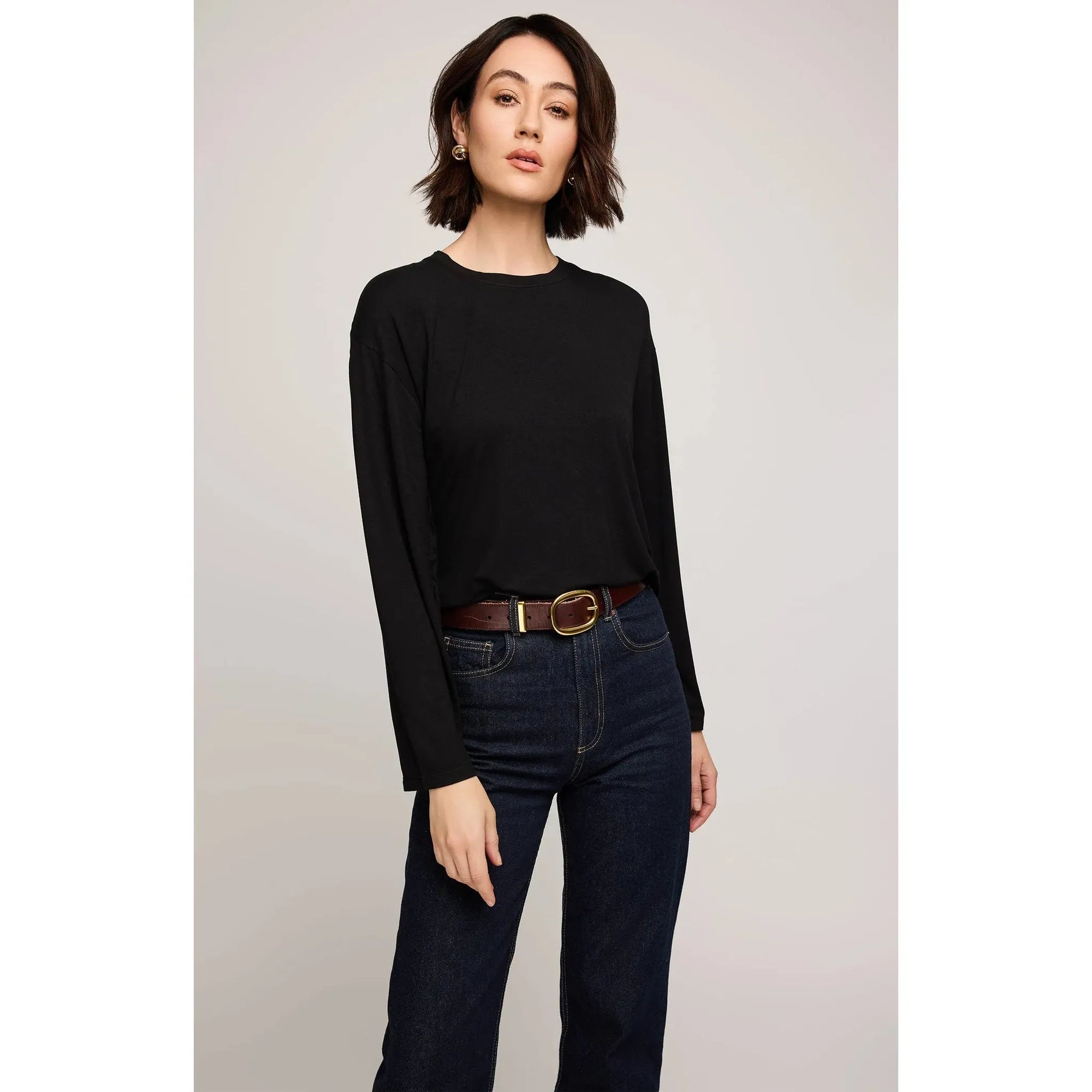 Gentle Fawn Indy Long Sleeve Top in black, a cozy rayon jersey relaxed fit with playful side slits.