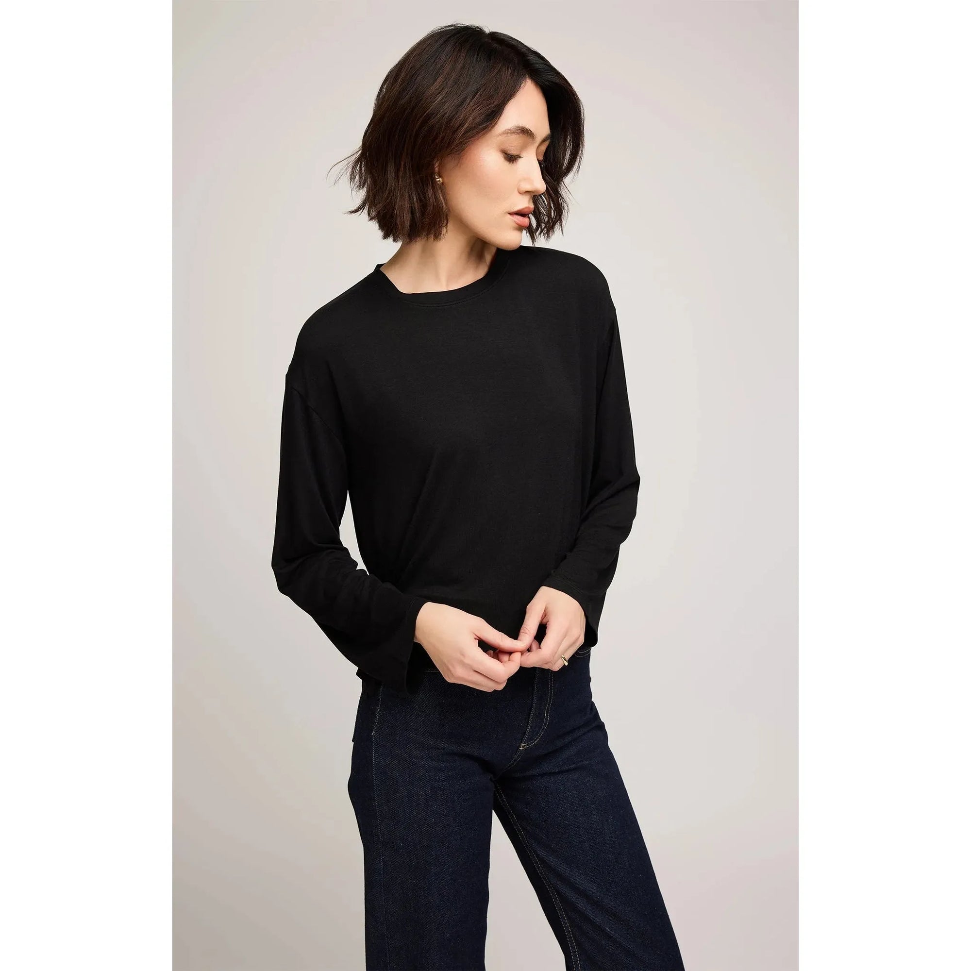 Gentle Fawn Indy Long Sleeve Top in black, a cozy rayon jersey relaxed fit with playful side slits.