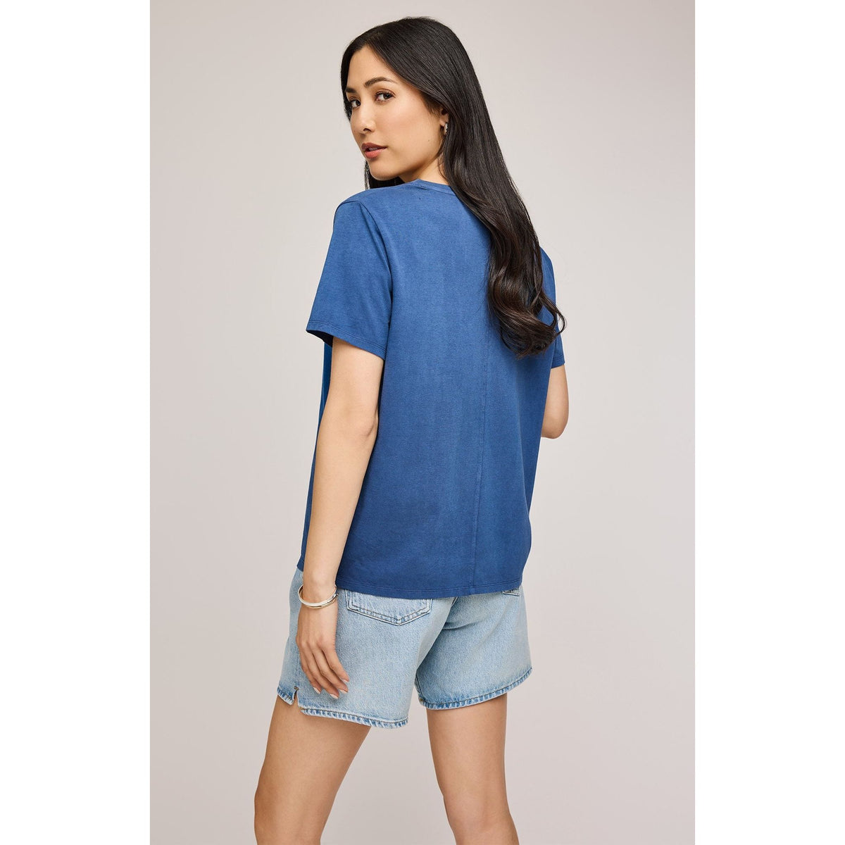 Sleek navy Gentle Fawn Jennifer Top, a sophisticated V-neck t-shirt perfect for summer styling and comfort.
