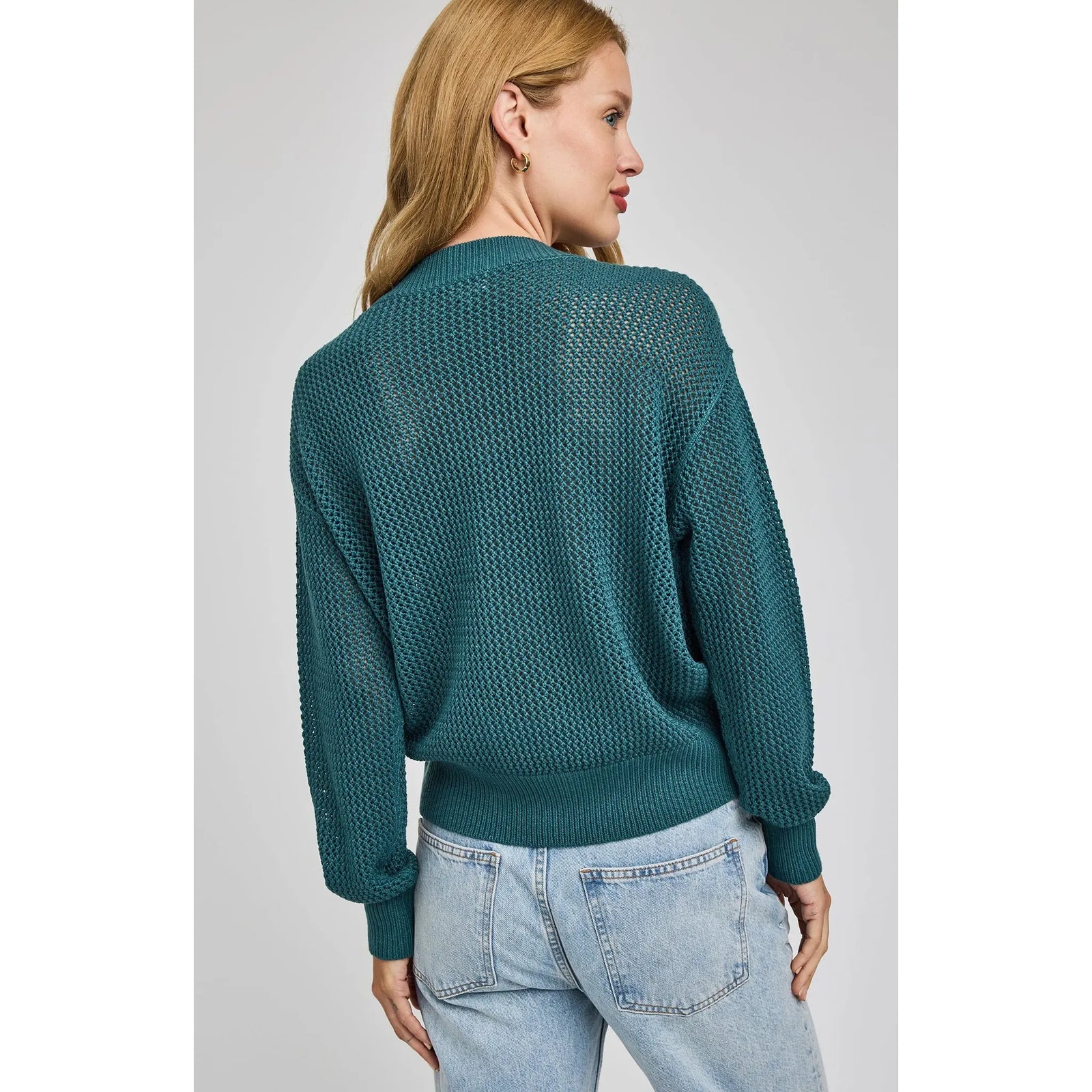 Gentle Fawn Jensen V-Neck Pullover in teal, open-knit texture, ribbed hem and cuffs, back view with jeans.