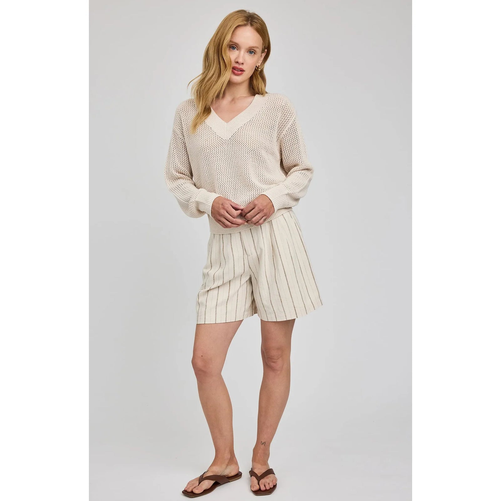 Gentle Fawn Jensen V-Neck Pullover in beige, open-knit, relaxed-fit knit on model.