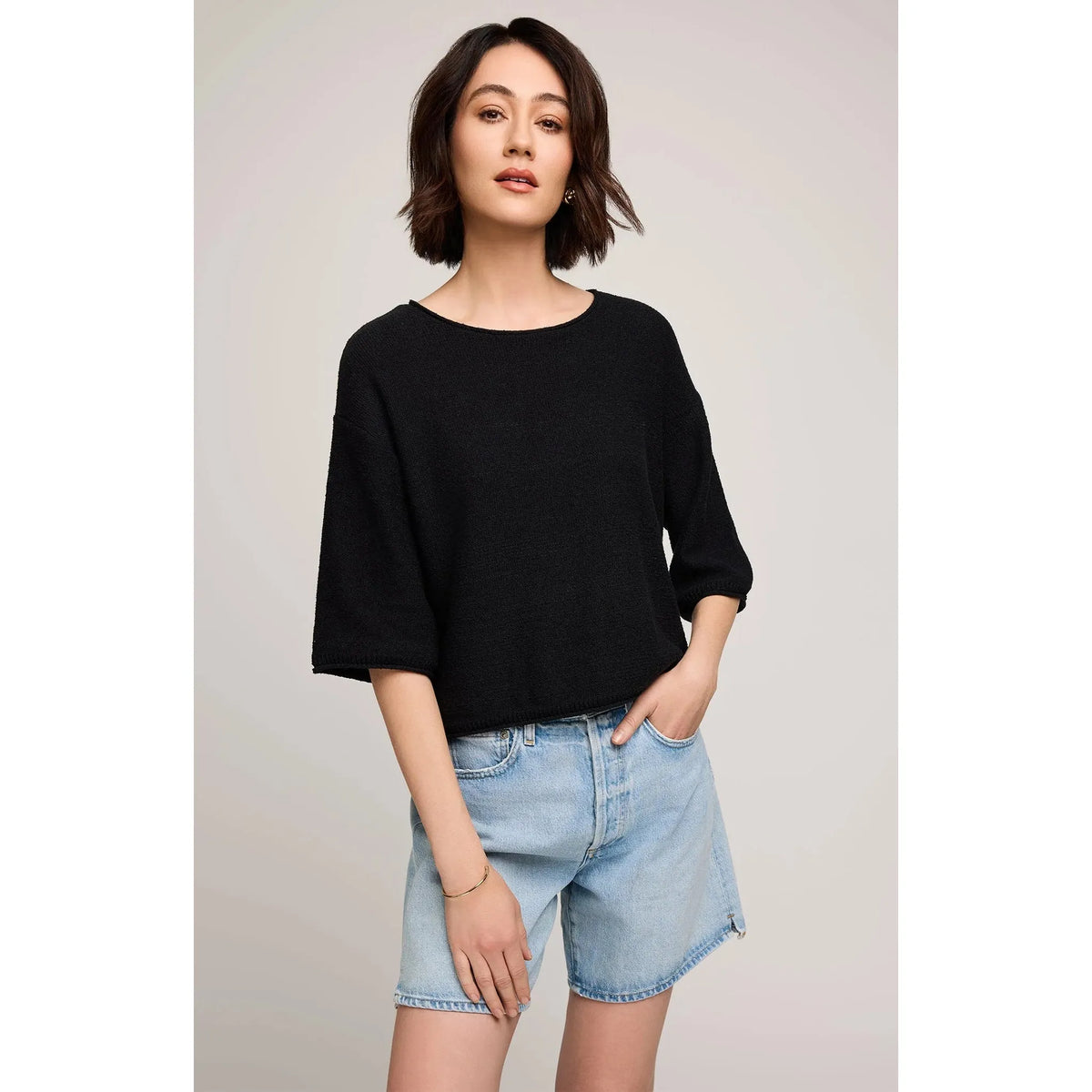 Gentle Fawn Kerrigan Sweater in black slub-knit with relaxed fit and rolled hem.