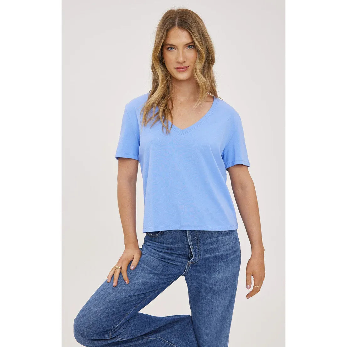 Gentle Fawn Lucy Top, light blue cropped V-neck, 100% cotton, size C, worn by model.