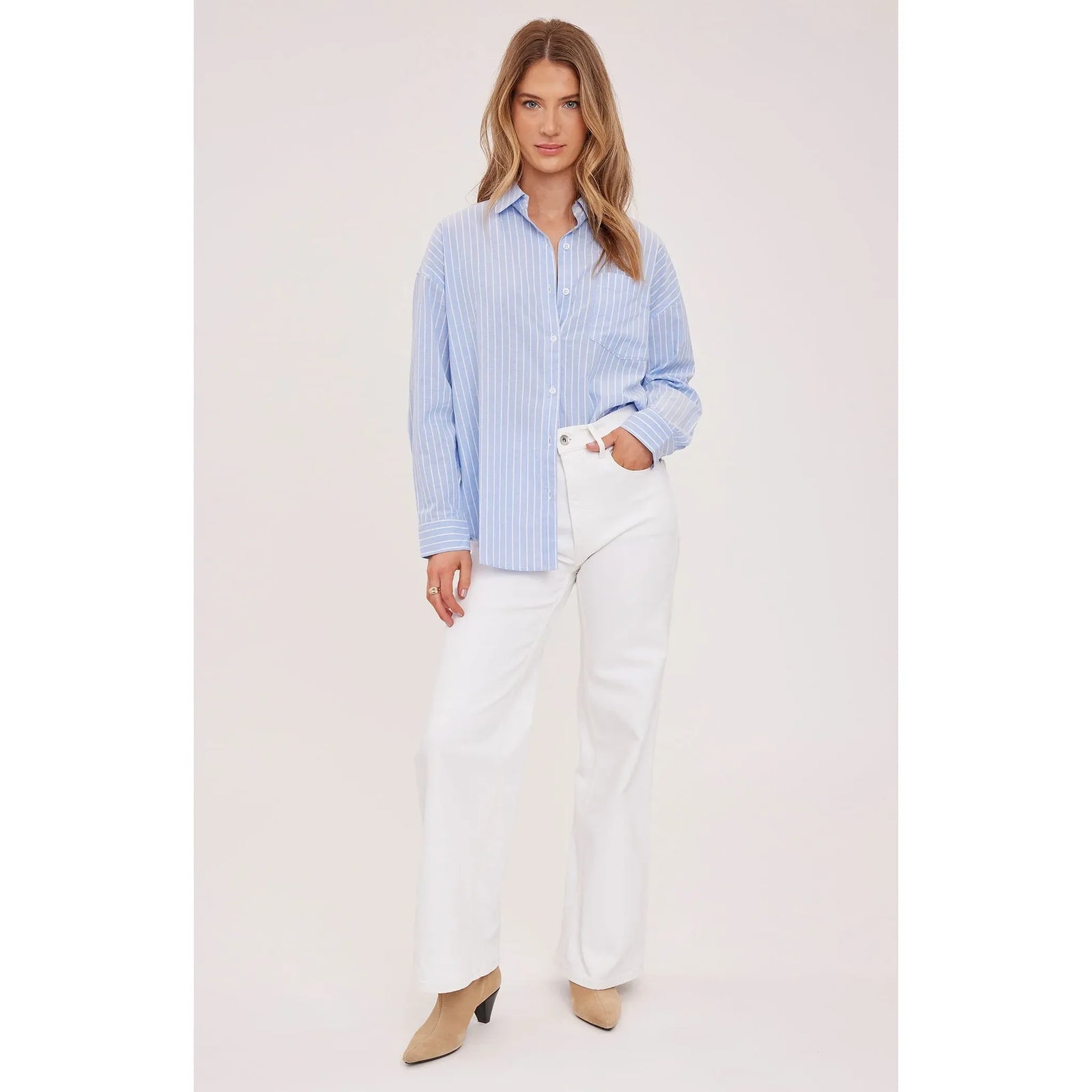 Gentle Fawn Orlando button-down shirt in crisp light blue cotton poplin with white stripes and patch pocket.