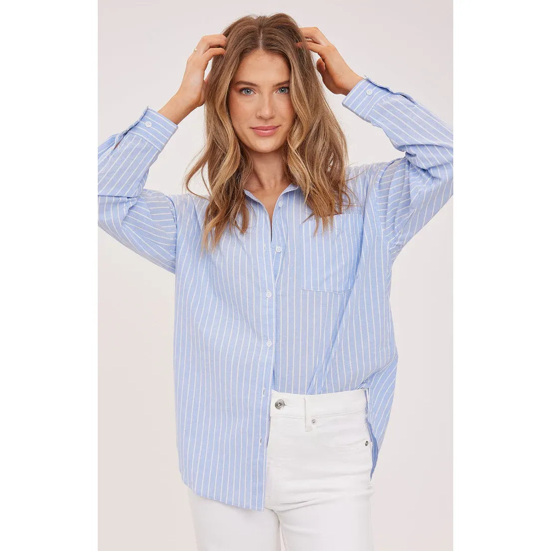 Gentle Fawn Orlando button-down shirt in crisp light blue cotton poplin with white stripes and patch pocket.