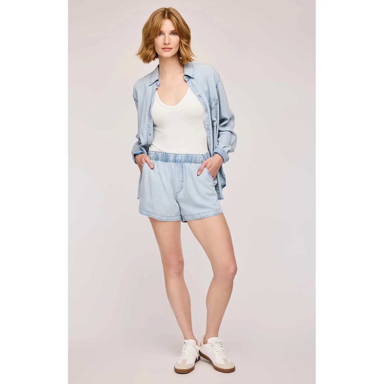 Light blue Gentle Fawn Wyatt Short featuring Tencel fabric, elasticated waistband, and pockets, styled with the Ozzy shirt.