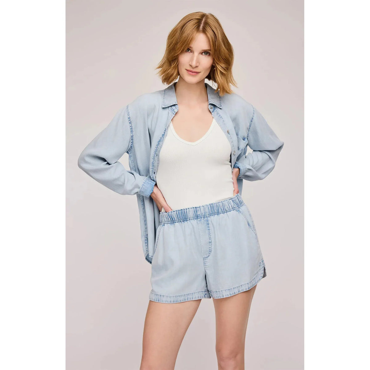 Stylish Gentle Fawn Wyatt Short in light blue, featuring an elastic waistband and soft Tencel fabric for comfort.