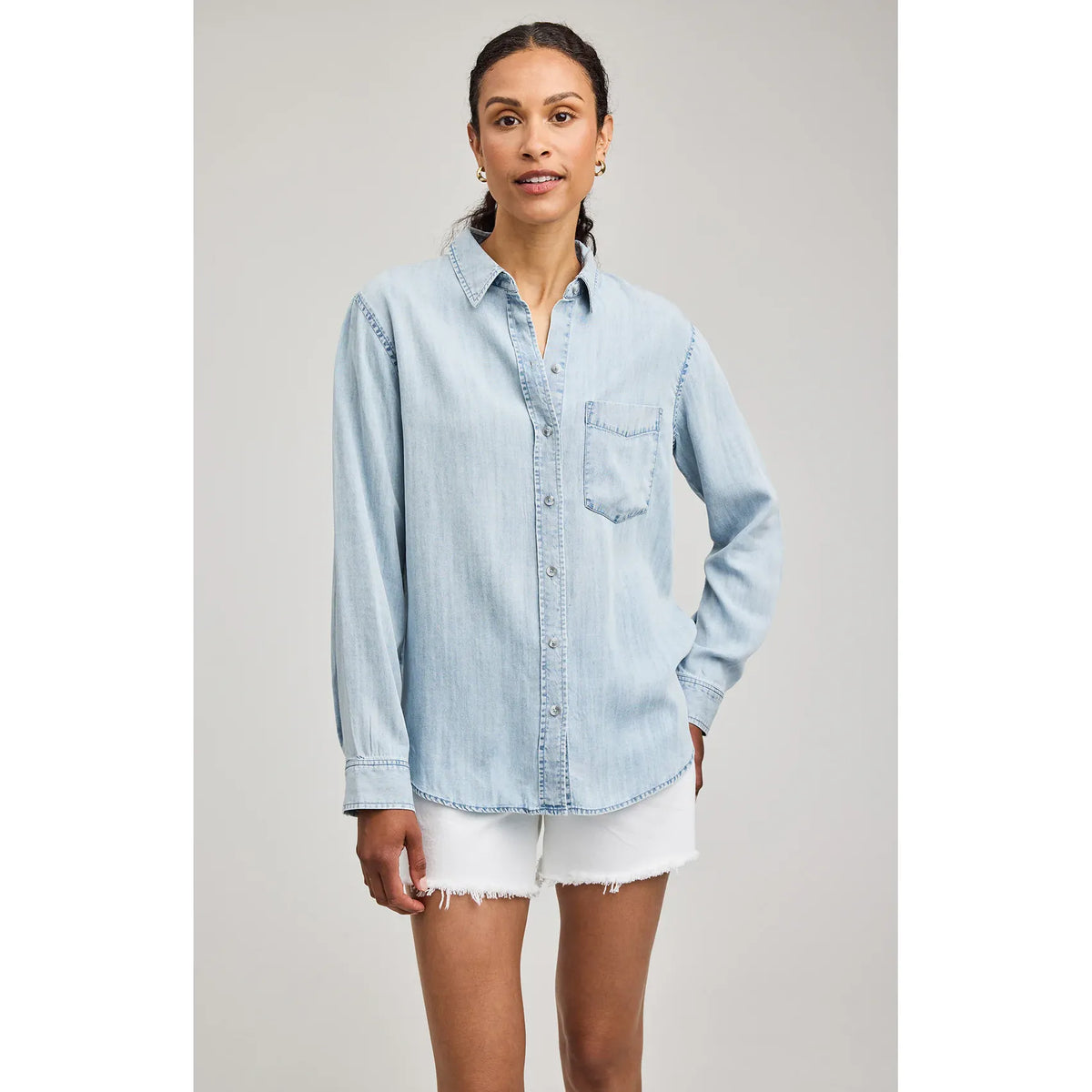 Gentle Fawn Ozzy Button Down Shirt in light denim, 100% Tencel with a washed, textured finish; versatile as buttoned or open.