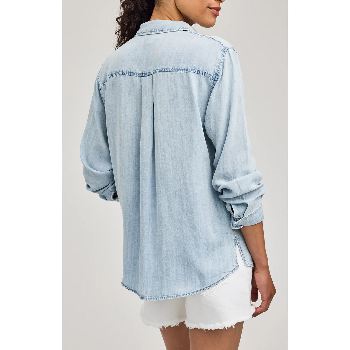Gentle Fawn Ozzy Button Down Shirt, 100% Tencel, light-wash, back view with relaxed fit and pleated yoke.