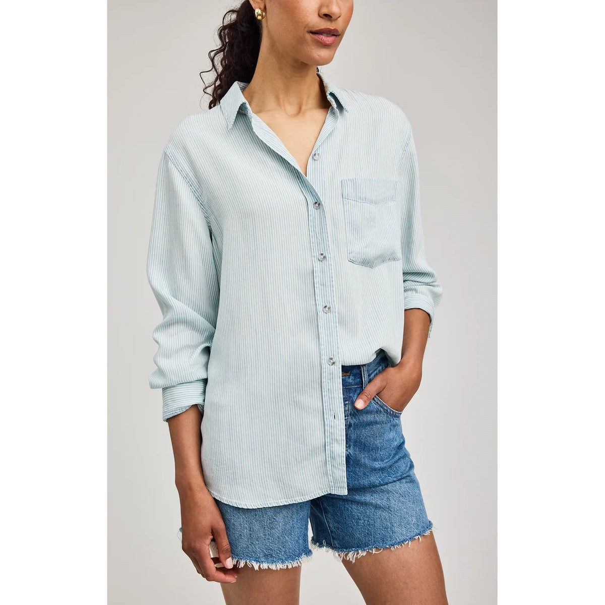 Gentle Fawn Ozzy Button Down Shirt in light blue vertical stripes, 100% Tencel with softly washed texture.