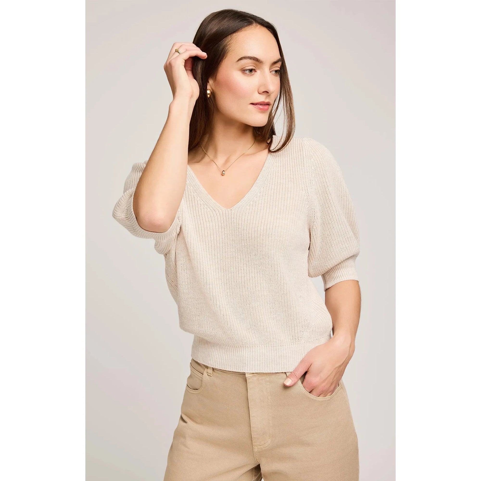 Gentle Fawn Phoebe V-Neck Sweater in heather oatmeal knit with puff sleeves—soft, feminine style.