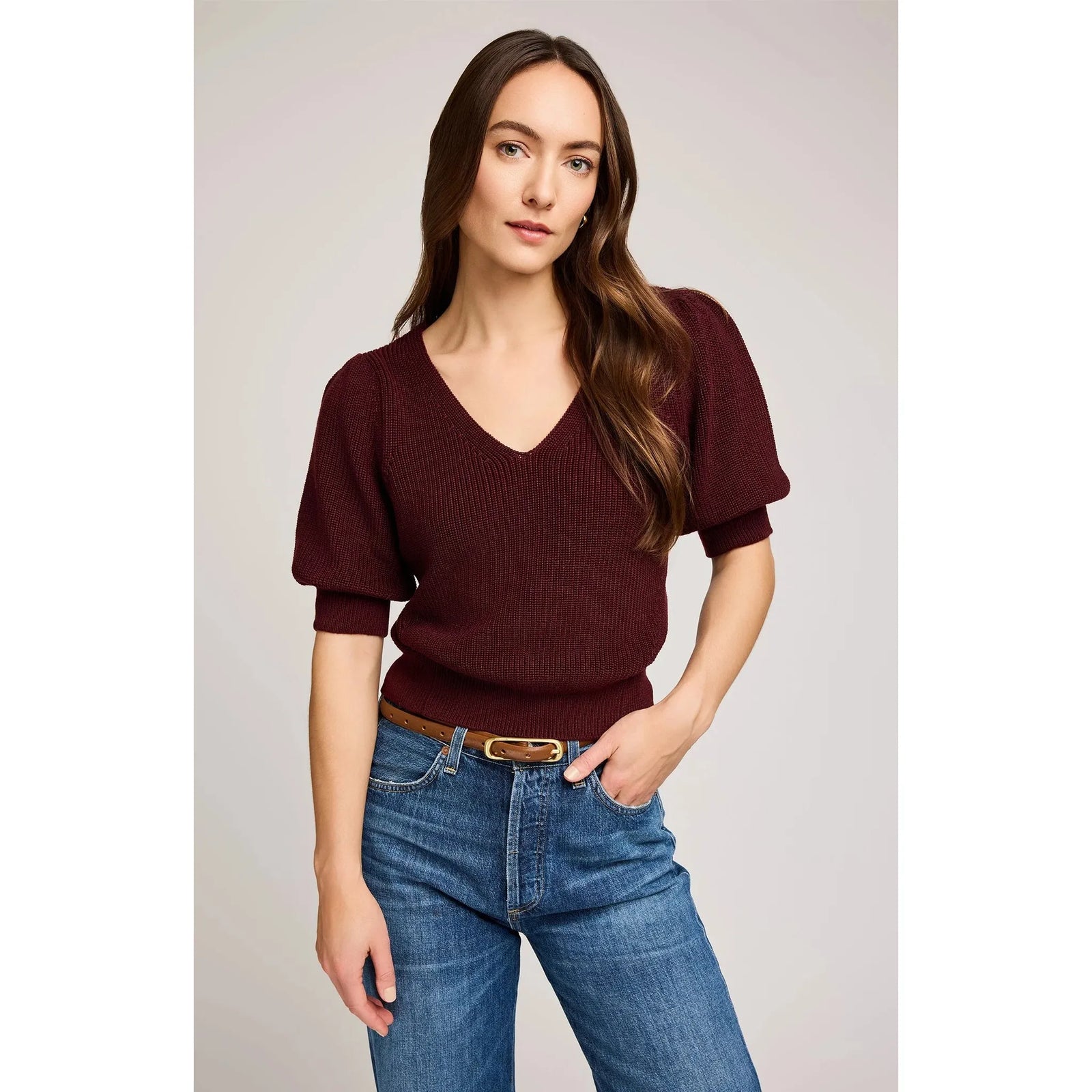 Gentle Fawn Phoebe V-Neck Sweater in merlot with puff sleeves, soft knit by Gentle Fawn.