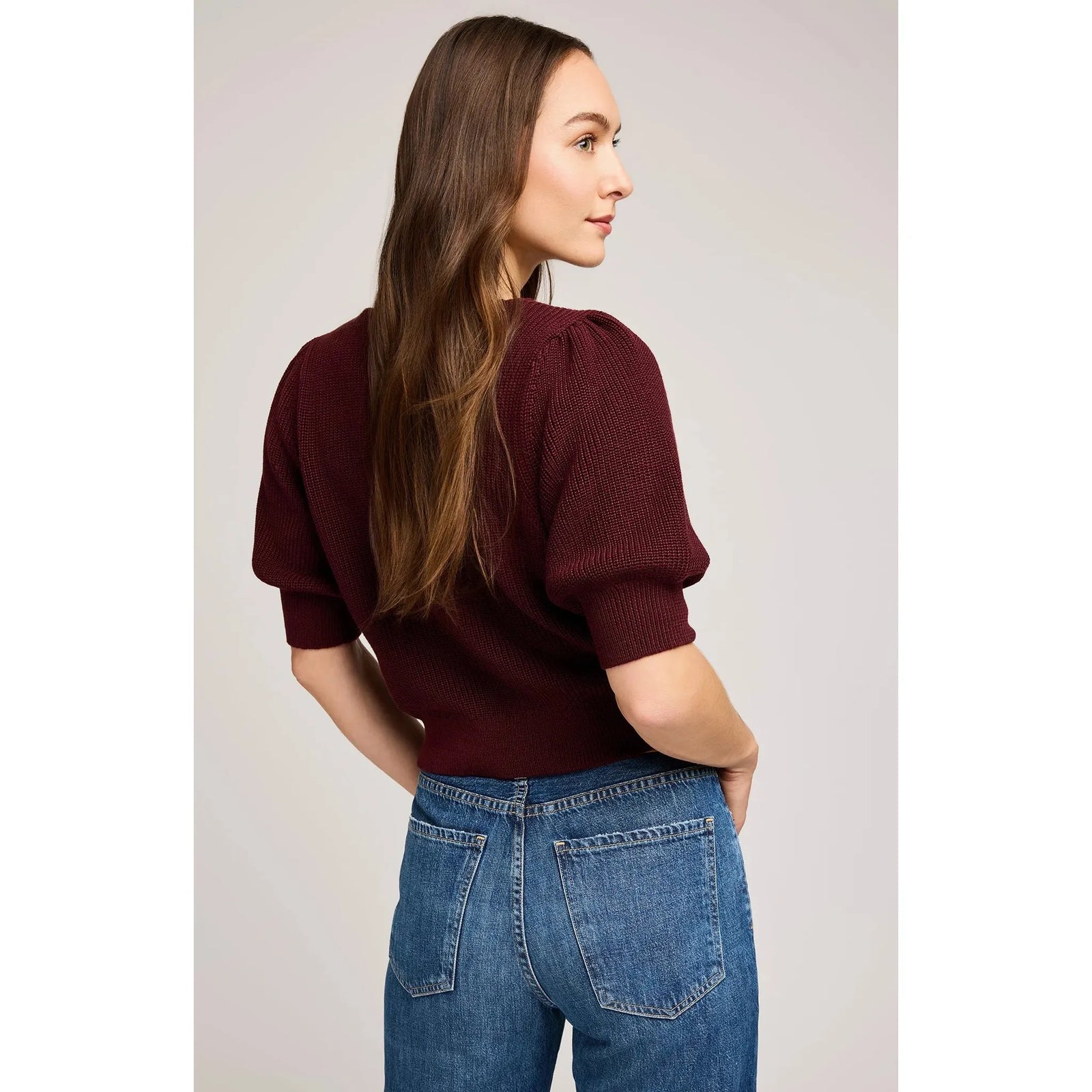 Gentle Fawn Phoebe V-Neck Sweater in merlot with puff sleeves for a feminine knit look.