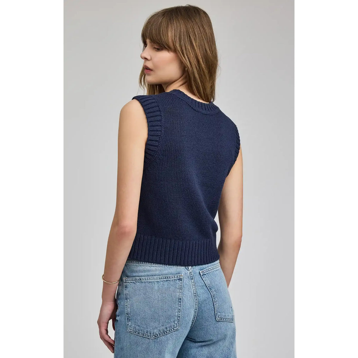Navy Gentle Fawn Pippa V-Neck Tank knit sleeveless vest with V-neck, ribbed trim, slightly cropped straight silhouette.