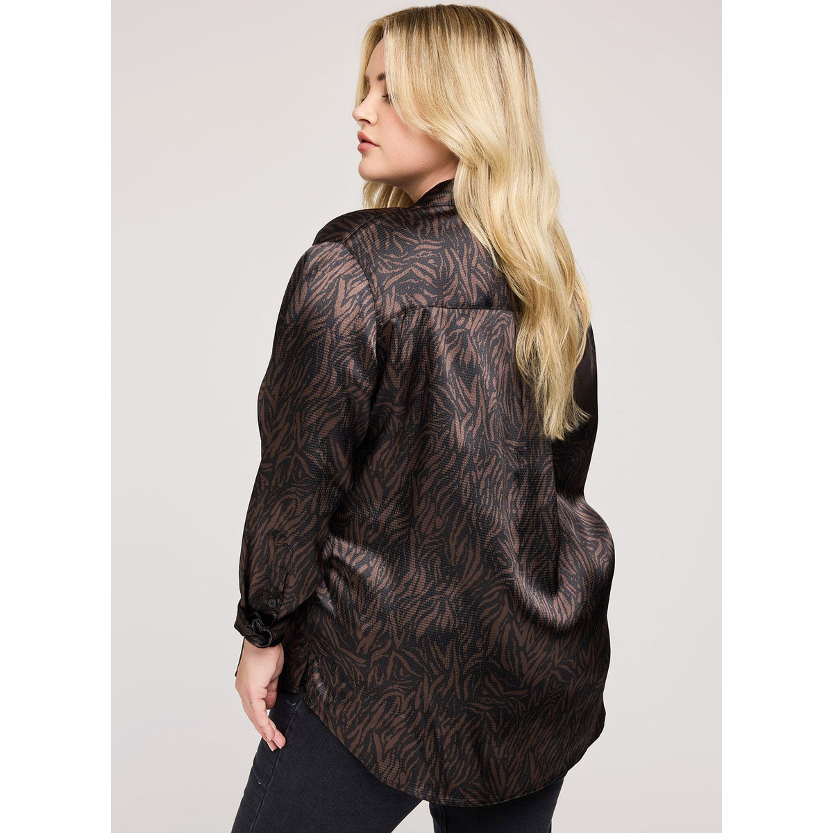Gentle Fawn Simone hammered-satin blouse with long sleeves and refined silhouette, back view on model.