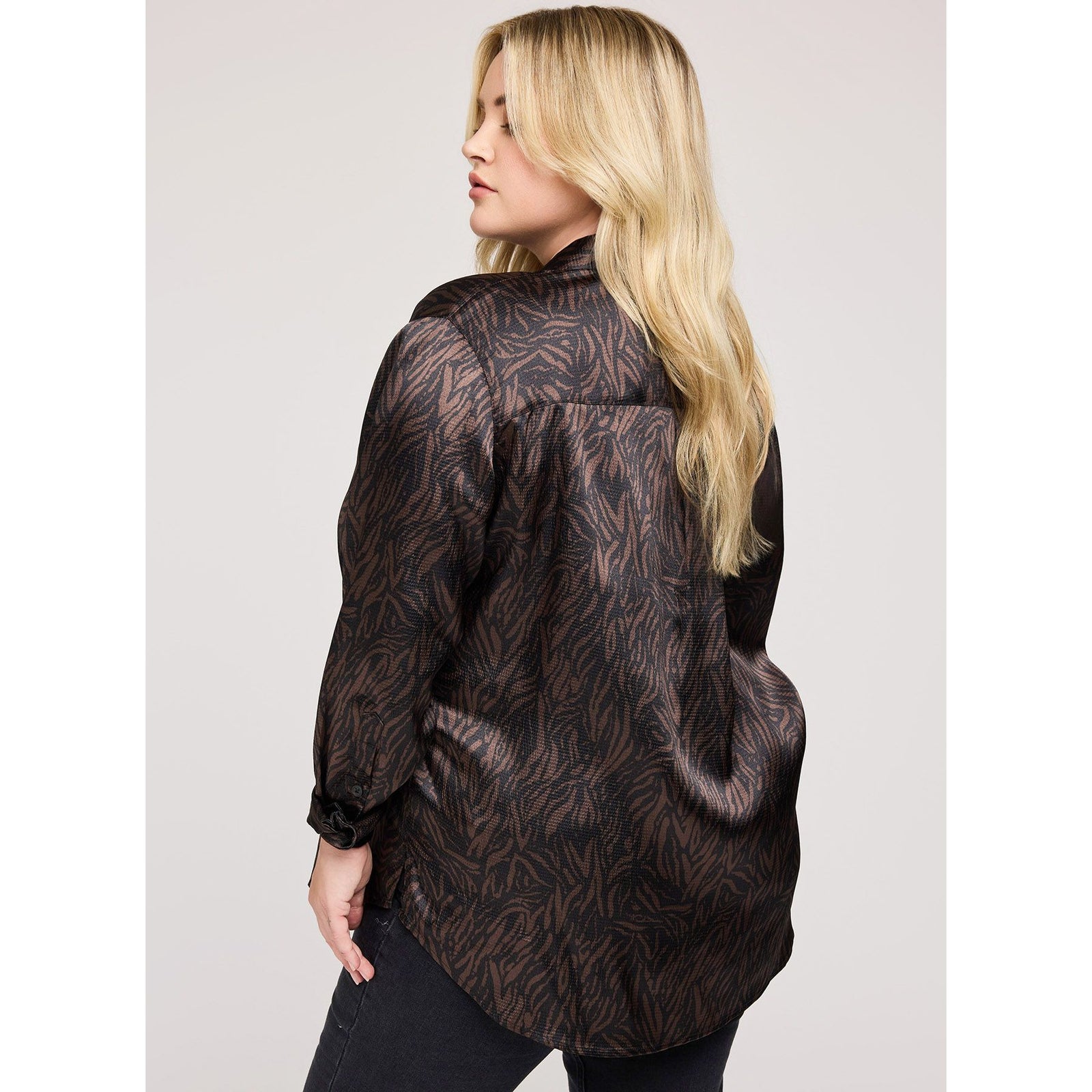 Gentle Fawn Simone hammered-satin blouse with long sleeves and refined silhouette, back view on model.
