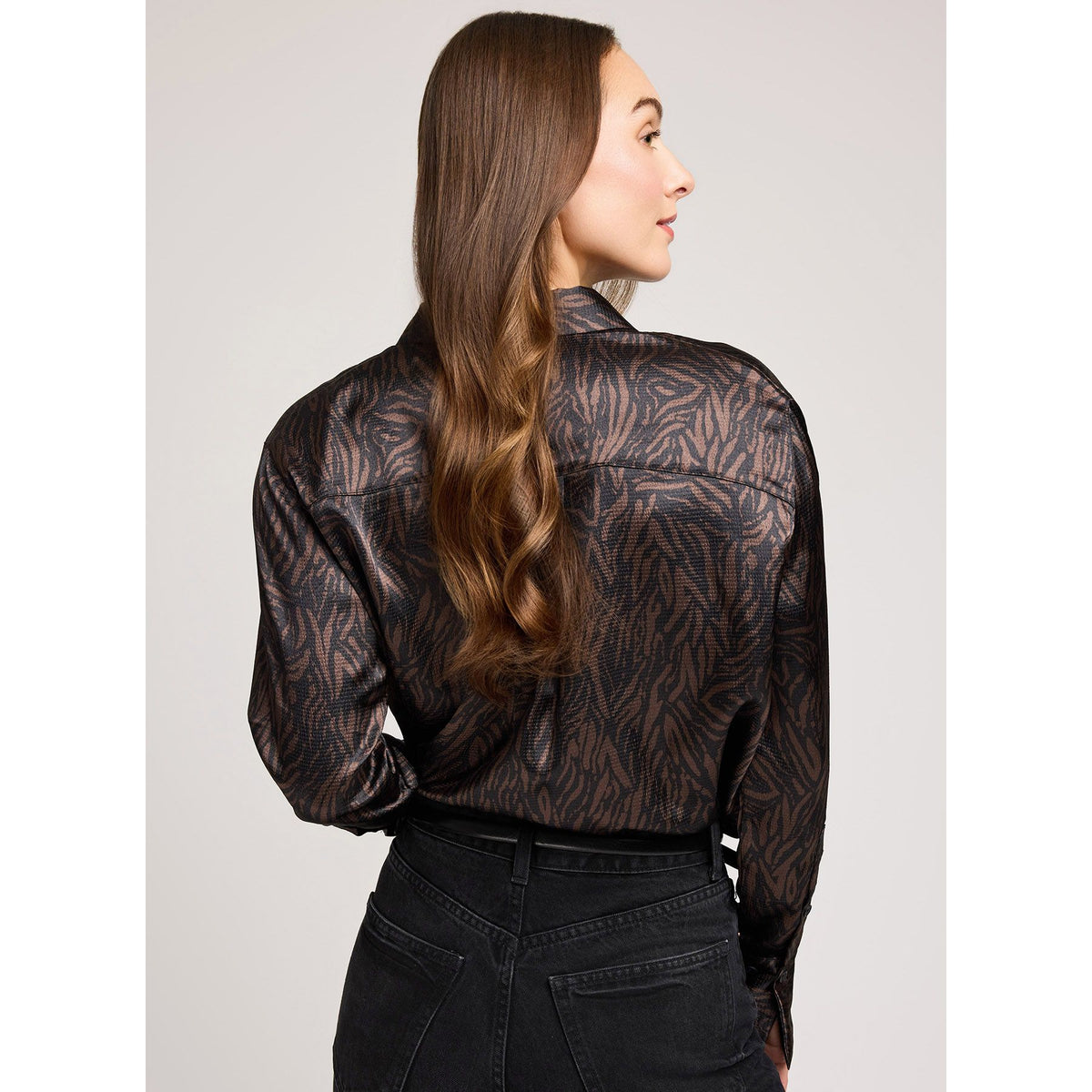 Gentle Fawn Simone hammered-satin blouse with long sleeves and refined silhouette, back view on model.