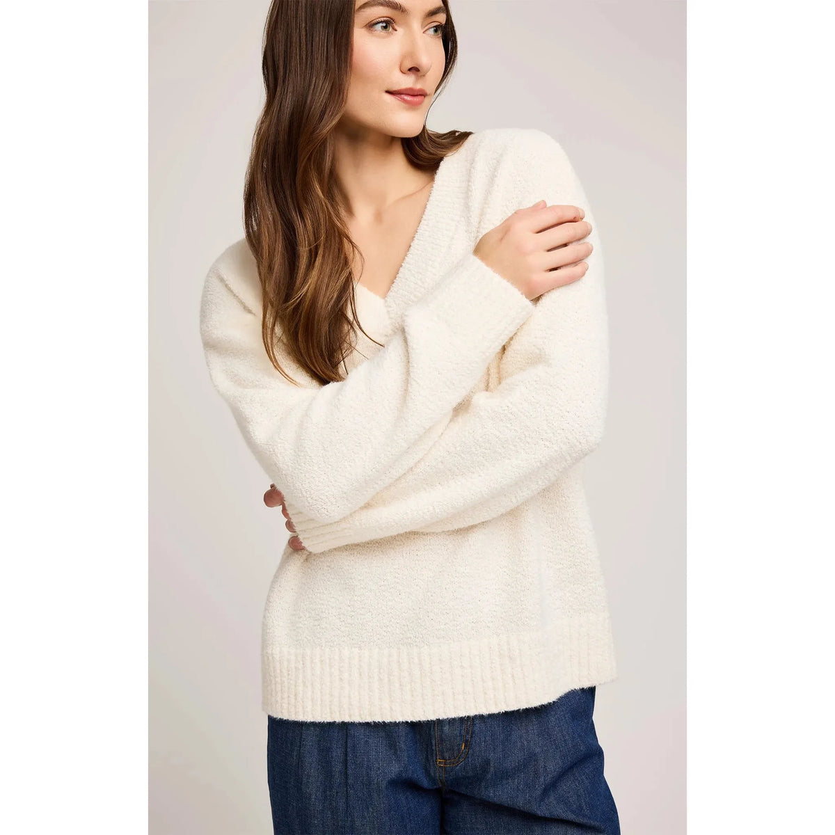 Gentle Fawn Tilda V-Neck Sweater in cream bouclé, oversized knit with ribbed cuffs and hem.