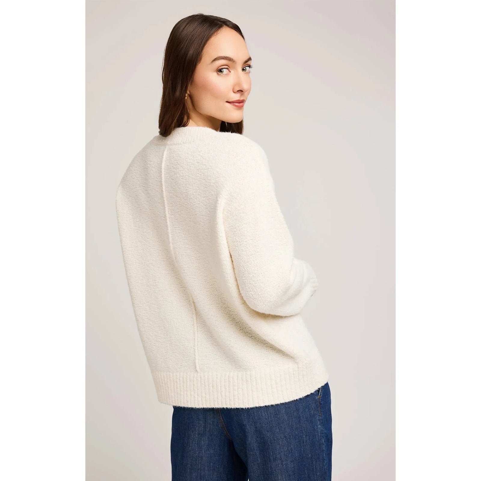 Gentle Fawn Tilda V-Neck Sweater in cream bouclé, oversized knit with ribbed cuffs and hem.