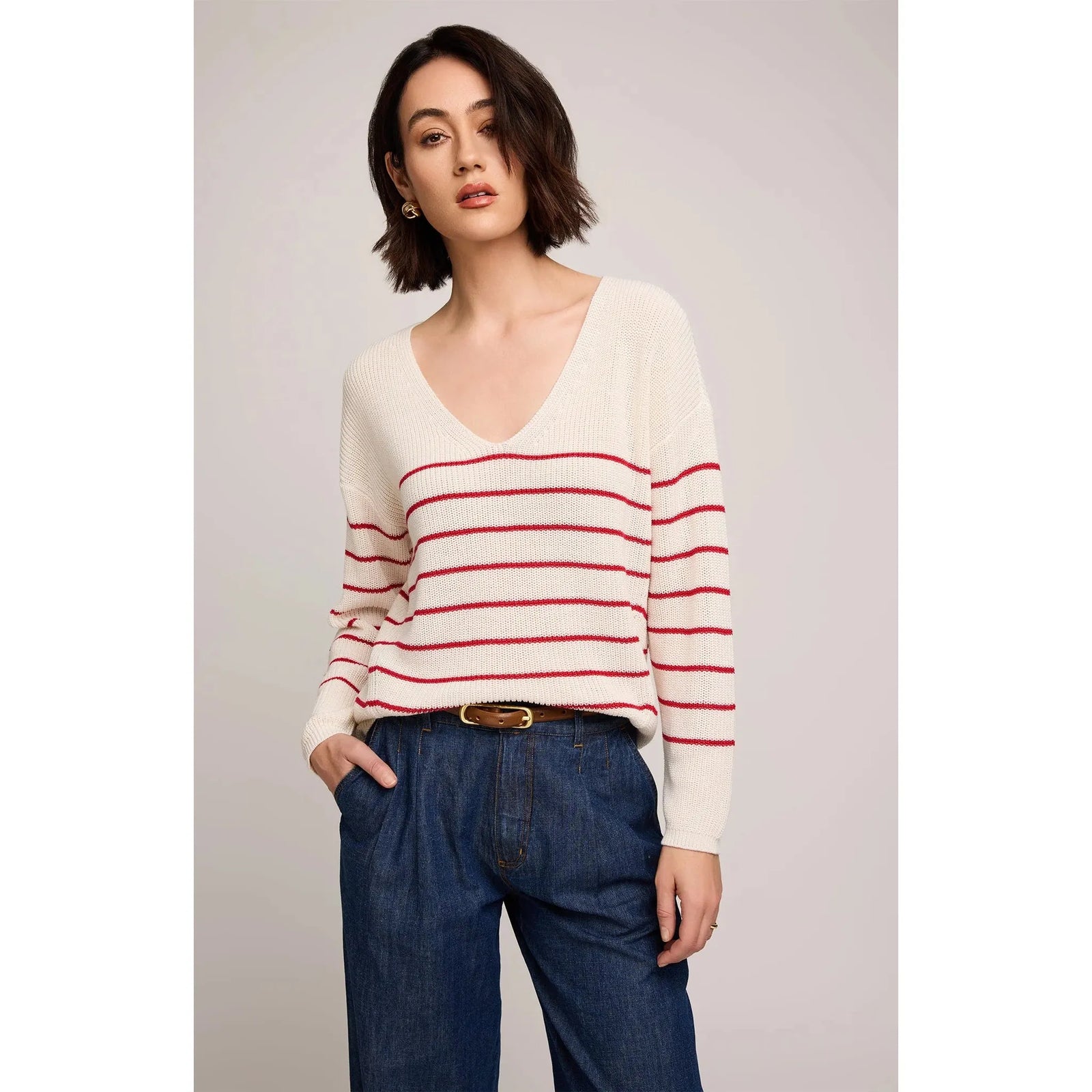 Gentle Fawn Tucker Pullover: cream knit with red stripes, relaxed fit sweater by Gentle Fawn.