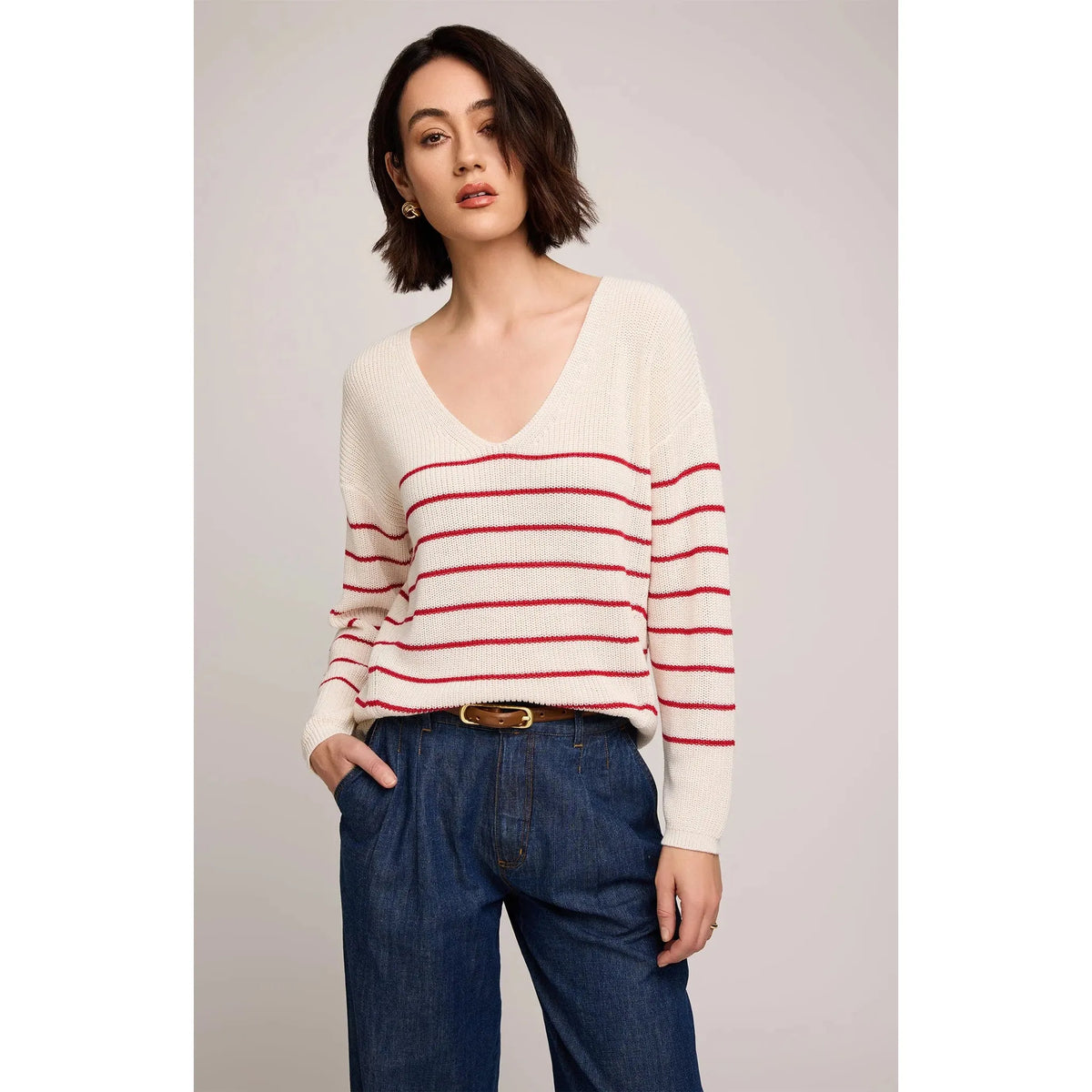 Gentle Fawn Tucker Pullover: cream knit with red stripes, relaxed fit sweater by Gentle Fawn.