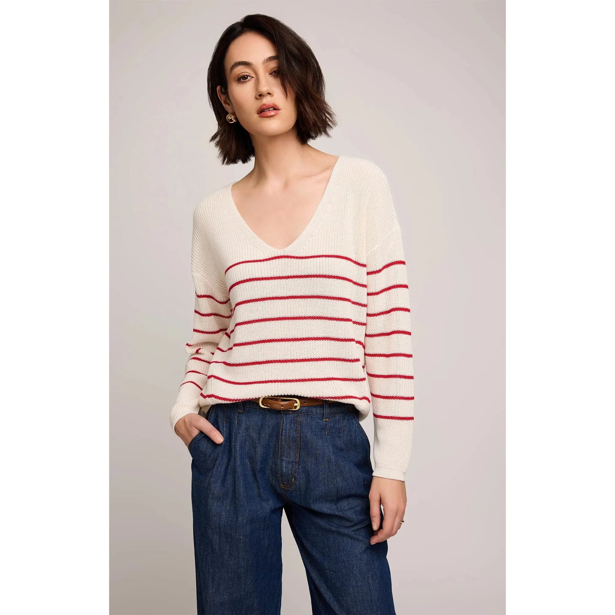 Gentle Fawn Tucker Pullover: cream knit with red stripes, relaxed fit sweater by Gentle Fawn.
