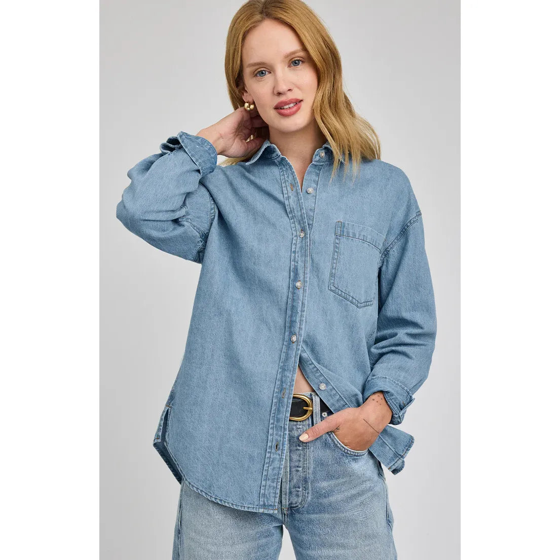 Model wearing Gentle Fawn Whitney Light Wash Denim Shirt with button placket and patch pocket, relaxed fit