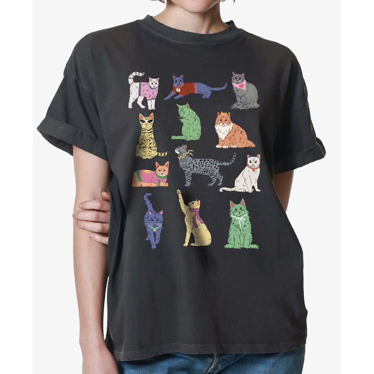 Girl Dangerous Cats S/S Boyfriend Tee: oversized black tee with a colorful group of cats graphic.