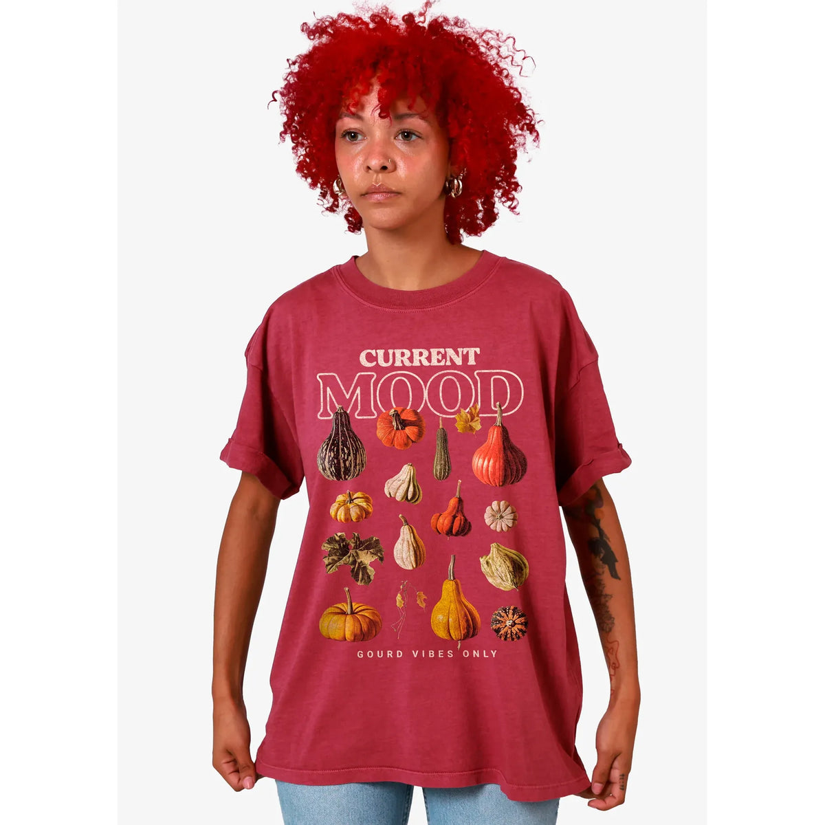 Dusty rose oversized women&#39;s tee with Current Mood pumpkins and gourds graphic and rolled sleeves.