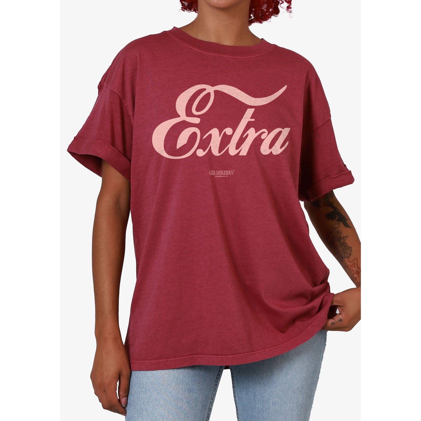Girl Dangerous Extra in Script Tee - burgundy relaxed-fit cotton tee by Girl Dangerous