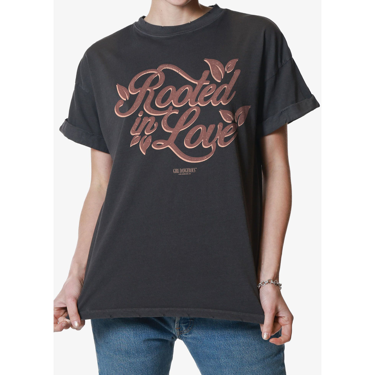 Girl Dangerous rooted in Love vintage tee in charcoal pigment-dyed cotton with a roomy boyfriend fit.