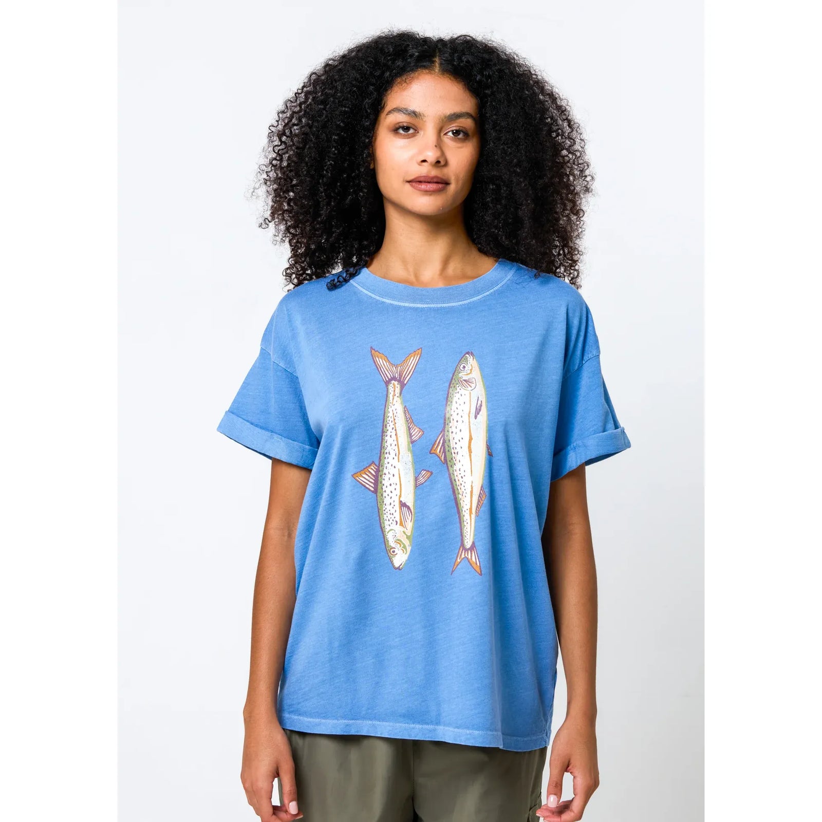 Girl Dangerous Sardines S/S Denim Blue Boyfriend Tee with two sardines graphic worn by model