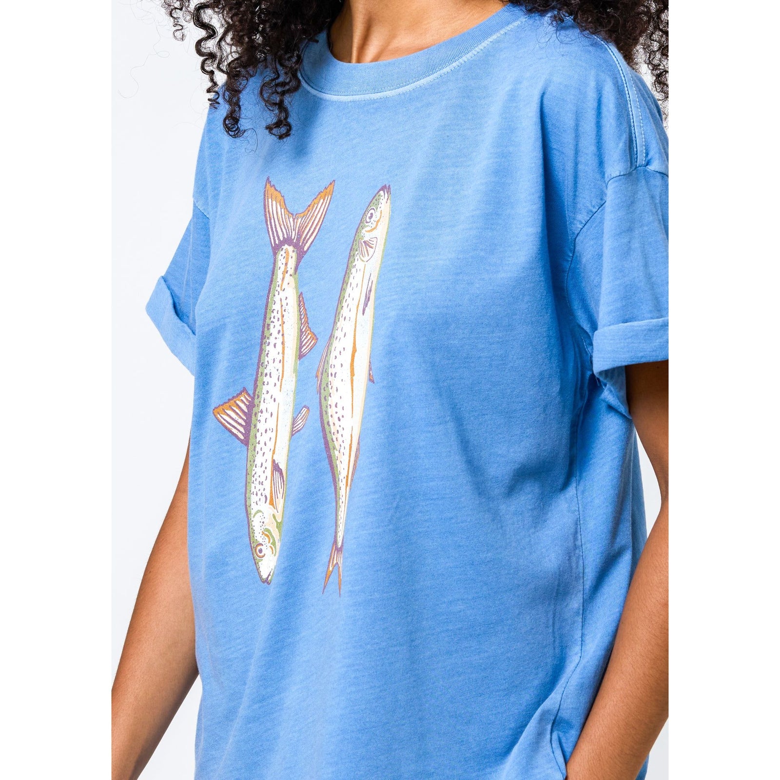 Denim-blue, short-sleeve boyfriend tee with bold two-sardine graphic print on front.