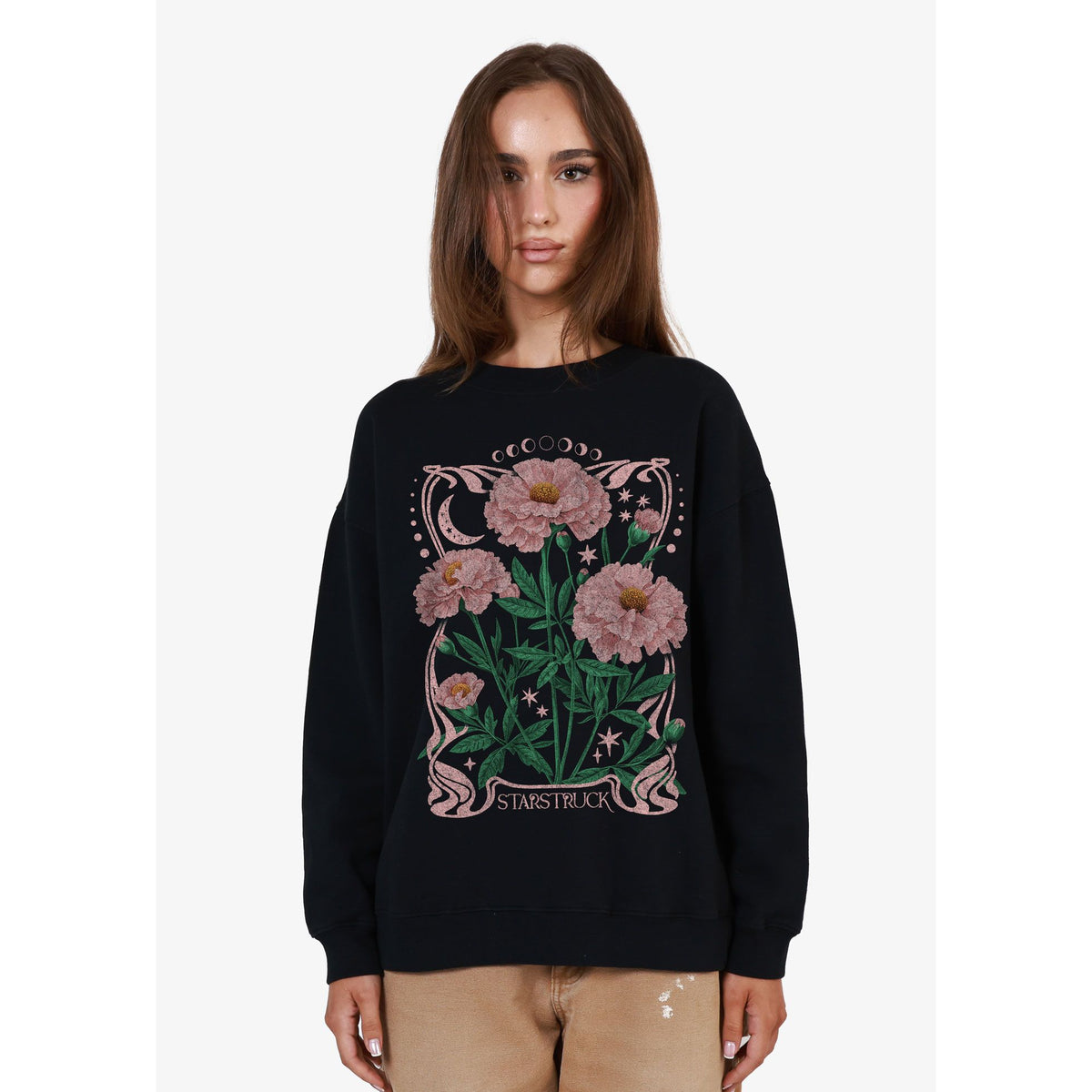 Girl Dangerous Starstruck Oversized Crew Sweatshirt on model, black with pink floral print.