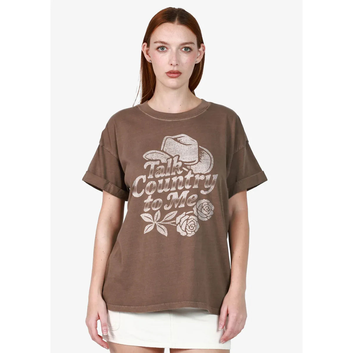 Brown oversized boyfriend tee with &#39;Talk Country to Me&#39; graphic, hat and rose print.