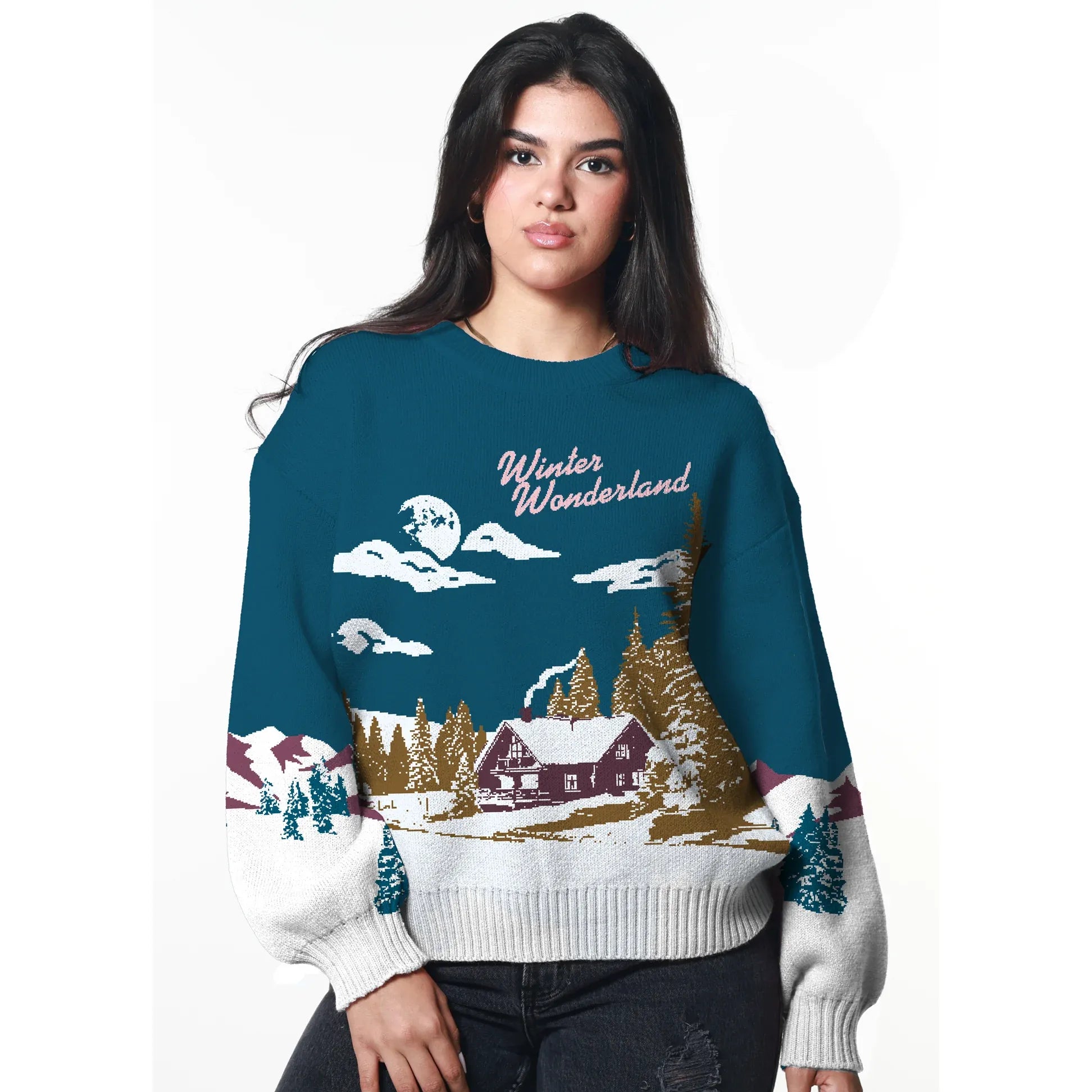 Girl Dangerous Alpine Club oversized sweater with Winter Wonderland alpine cabin motif, teal color.