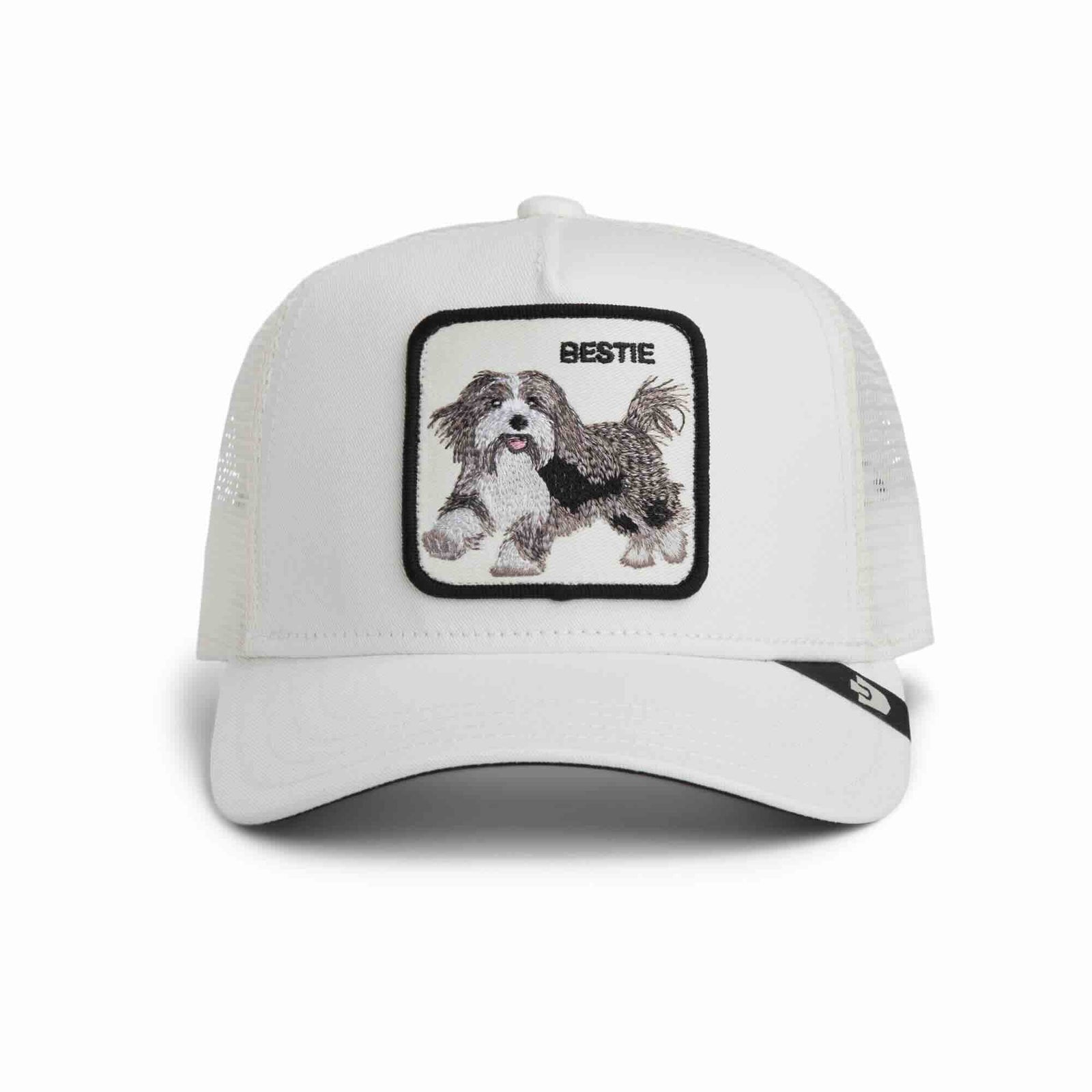 Goorin Bestie Trucker Hat: white cap with black-bordered embroidered dog patch, mesh back, 57% polyester 43% cotton.