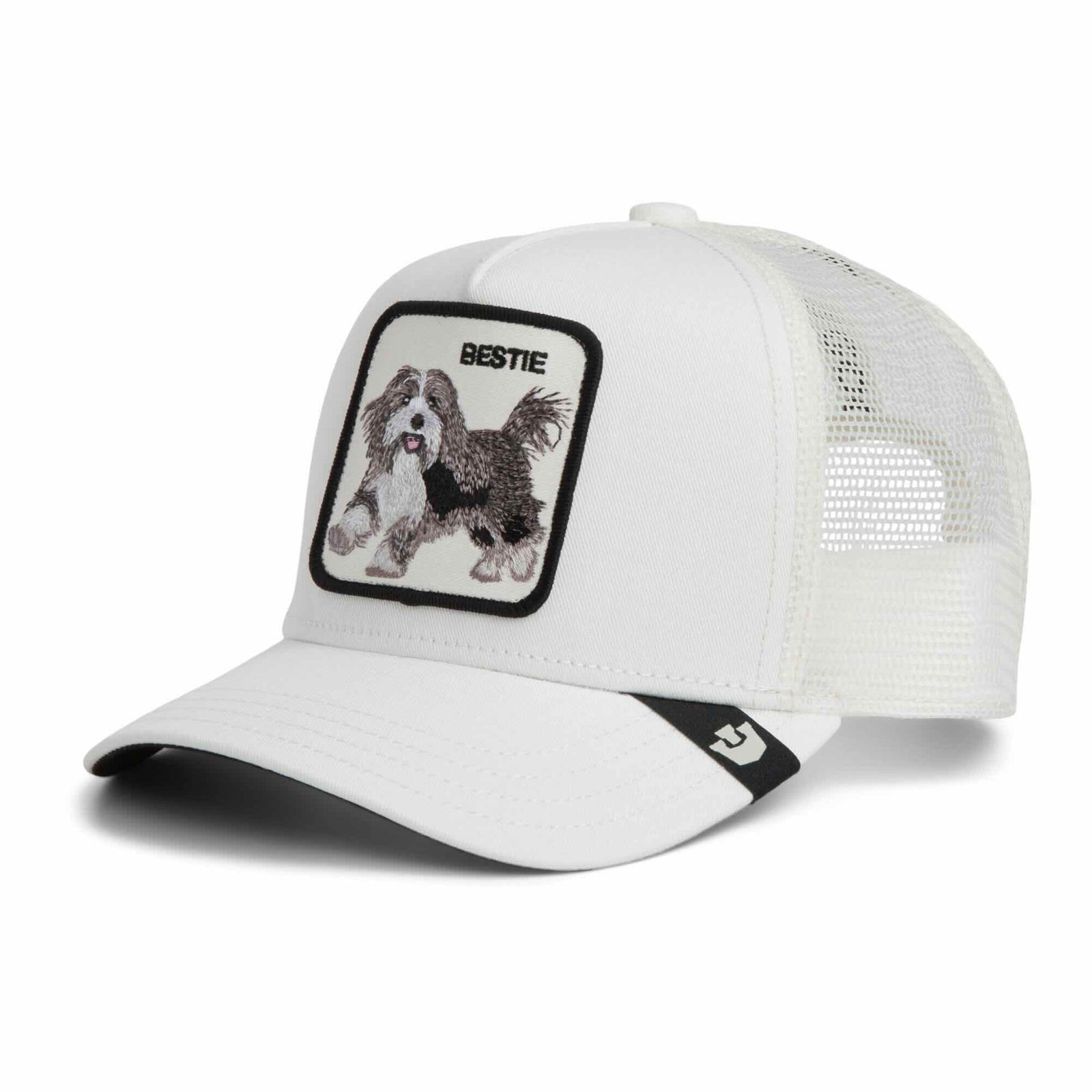 Goorin Bestie Trucker Hat: white cap with black-bordered embroidered dog patch, mesh back, 57% polyester 43% cotton.