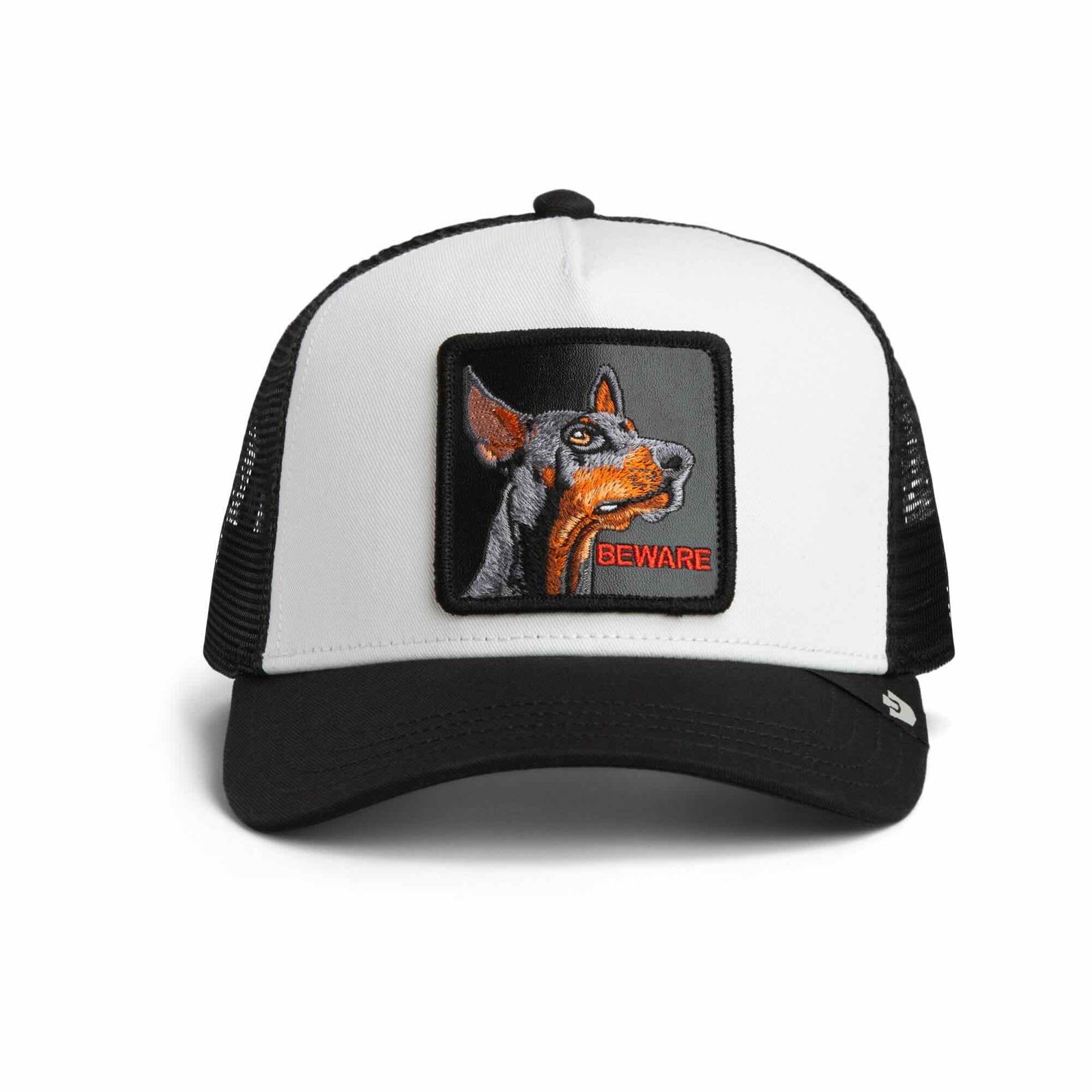 Goorin The Beware Dog Trucker Hat with white front, black brim, BEWARE dog patch.