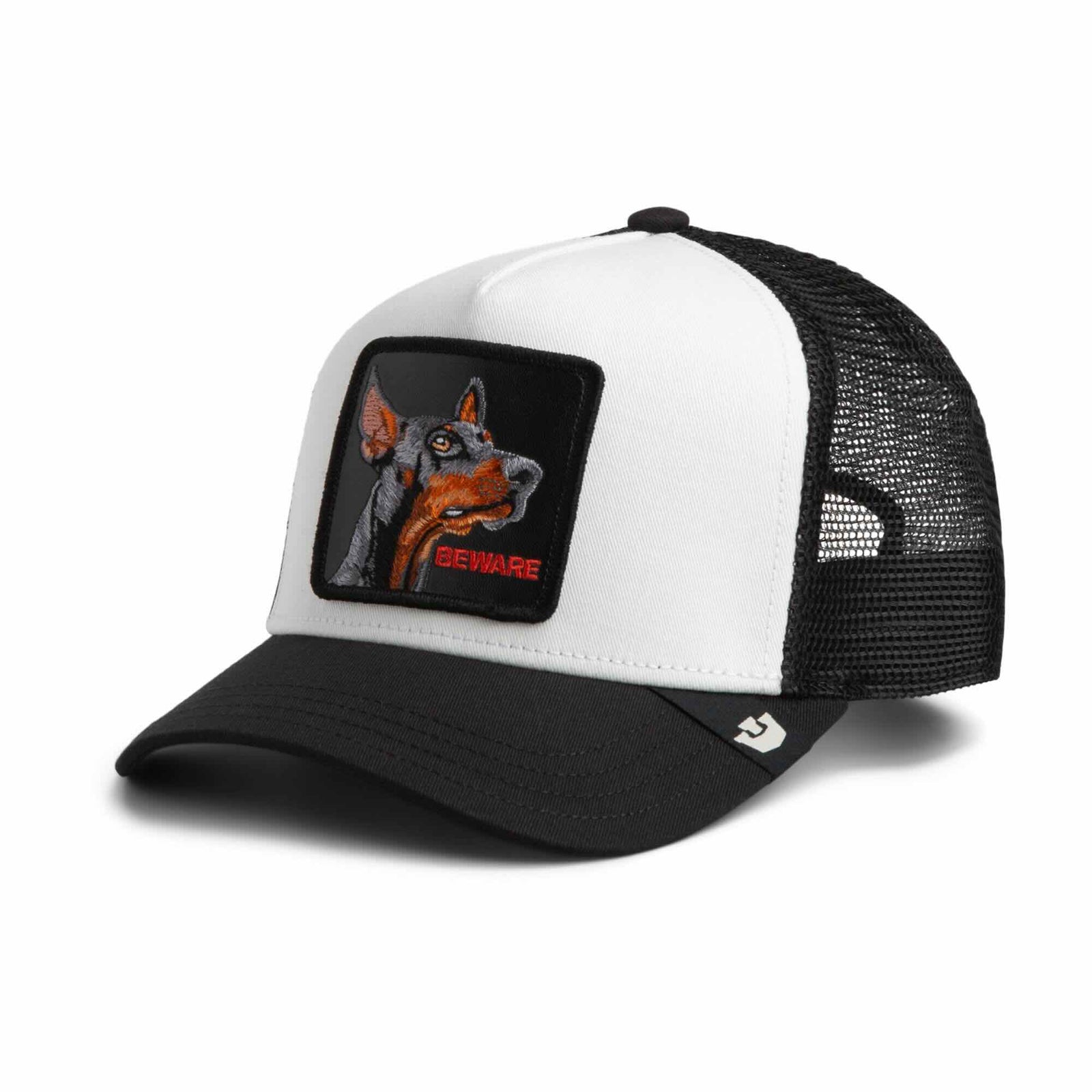 Goorin The Beware Dog Trucker Hat with white front, black brim, BEWARE dog patch.