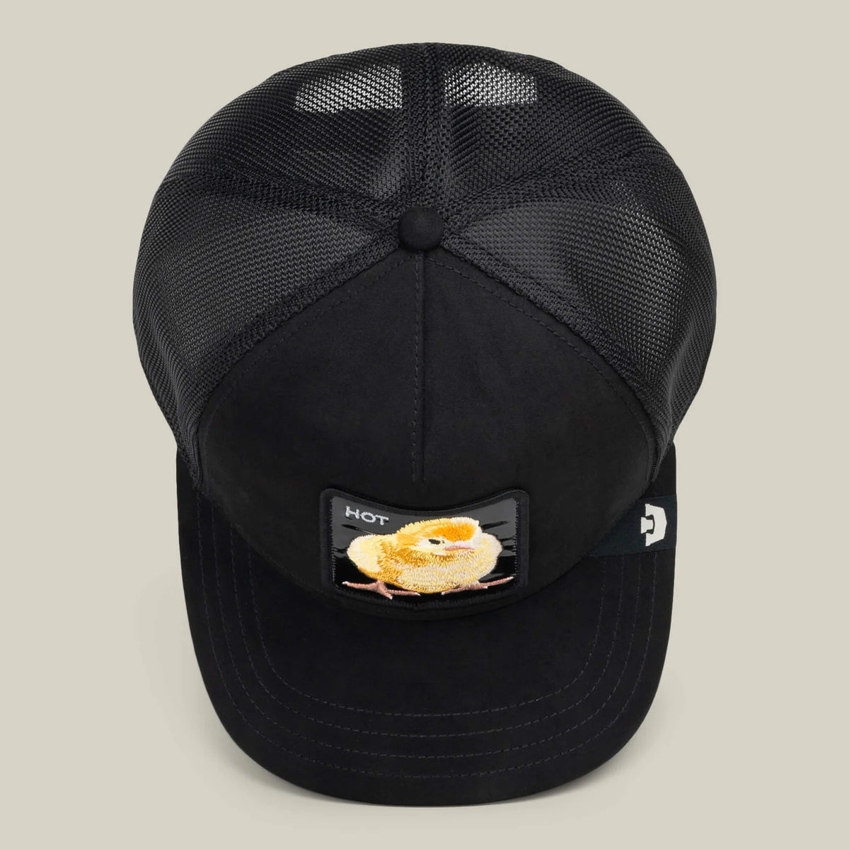 Black Out Chick Trucker Hat with mesh back and embroidered "HOT" chick patch from The Animal Farm series.