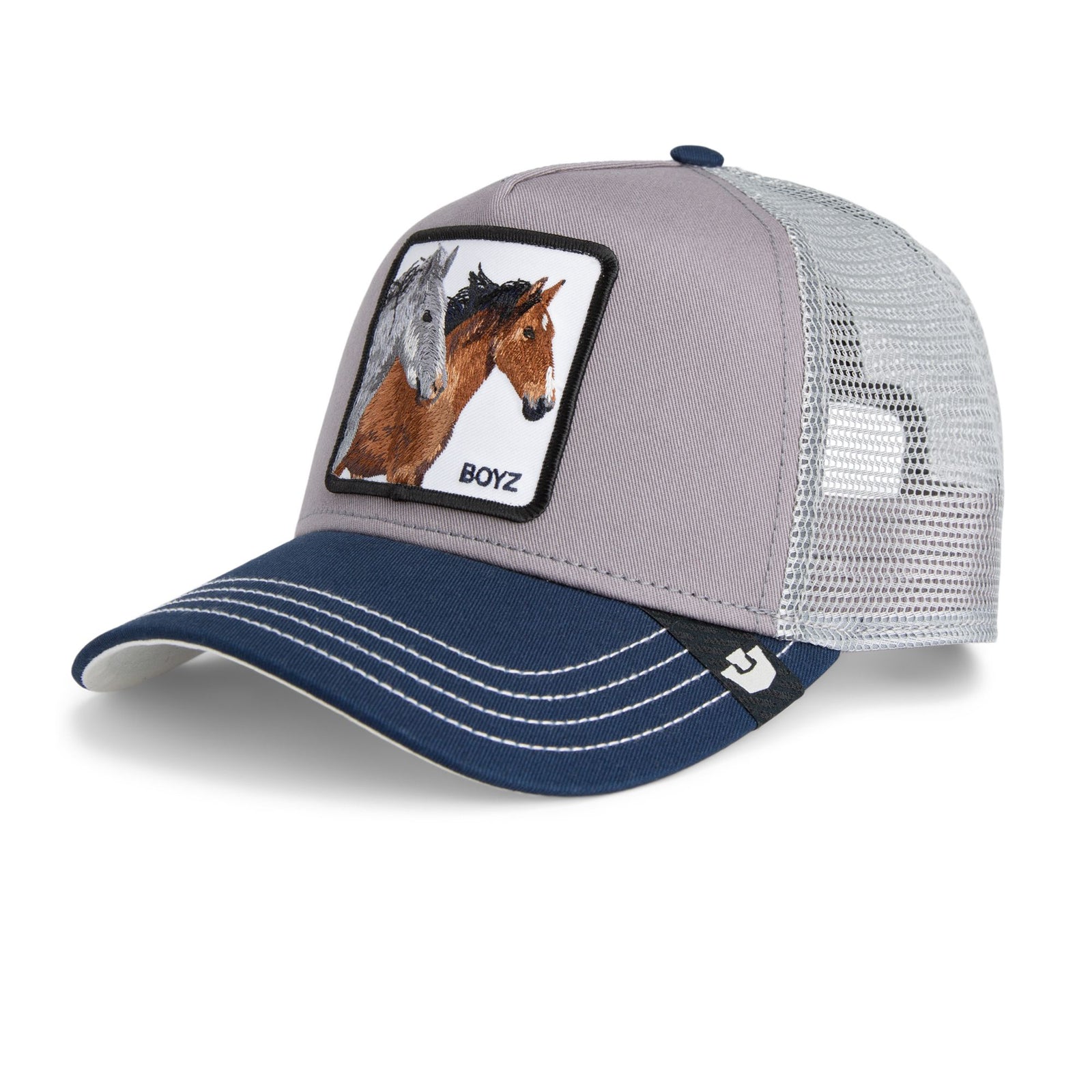 Goorin Boyz Trucker Hat: grey crown, navy brim, white contrast stitching, pony patch, Goorin Bros.