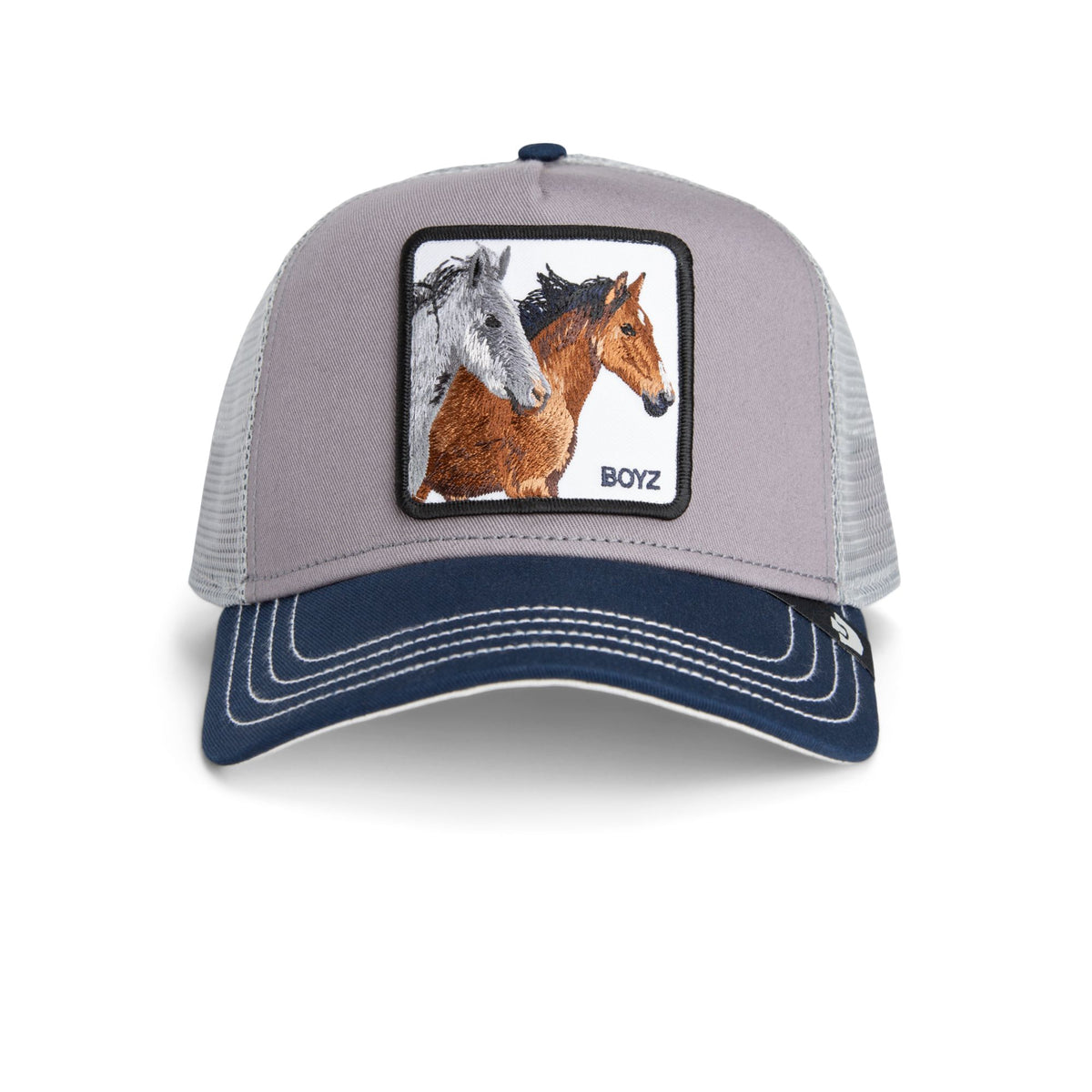 Goorin Boyz Trucker Hat features a grey crown, navy brim, white stitching, and a patch with two ponies.