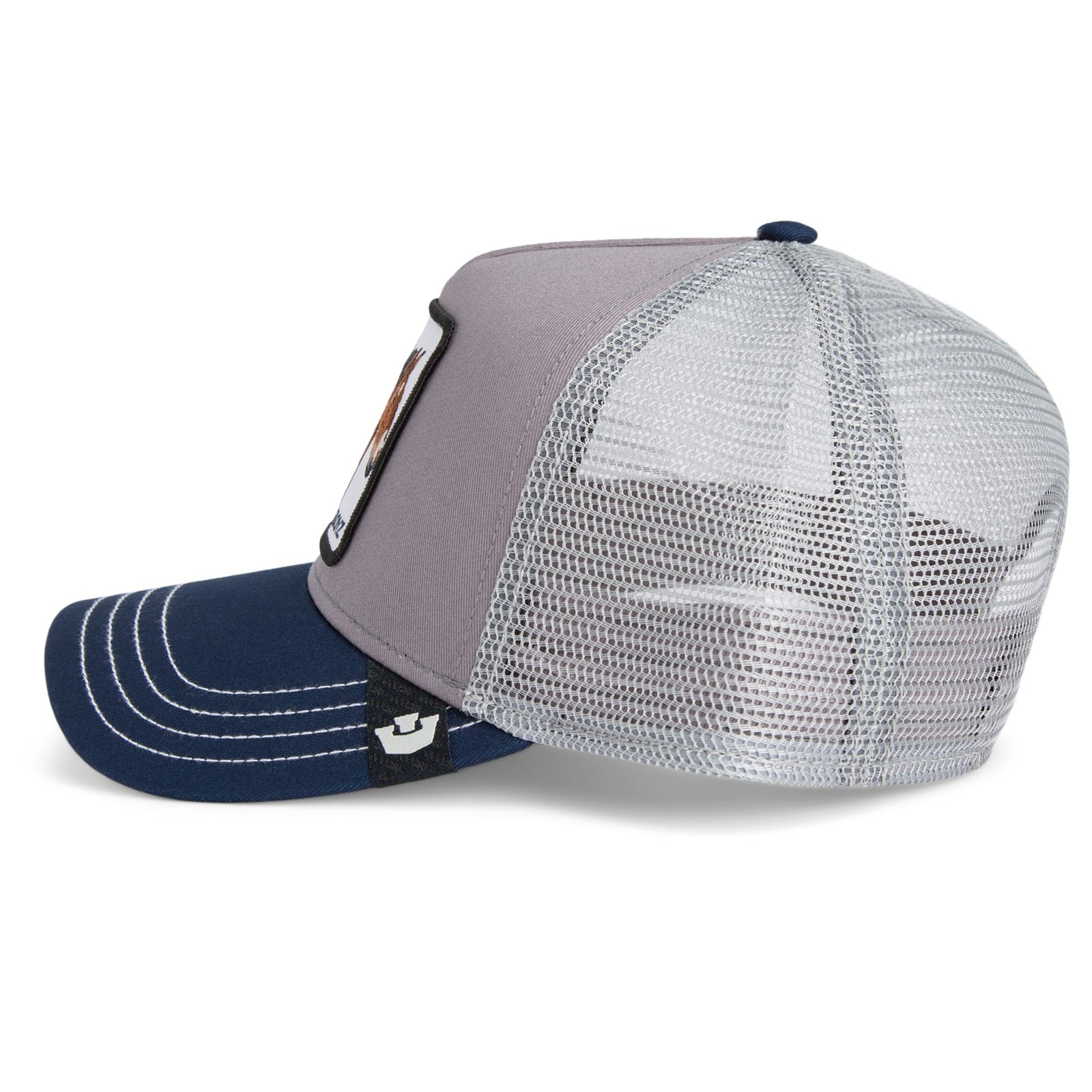Goorin Boyz Trucker Hat: grey crown, navy brim, white contrast stitching, pony patch, mesh back.