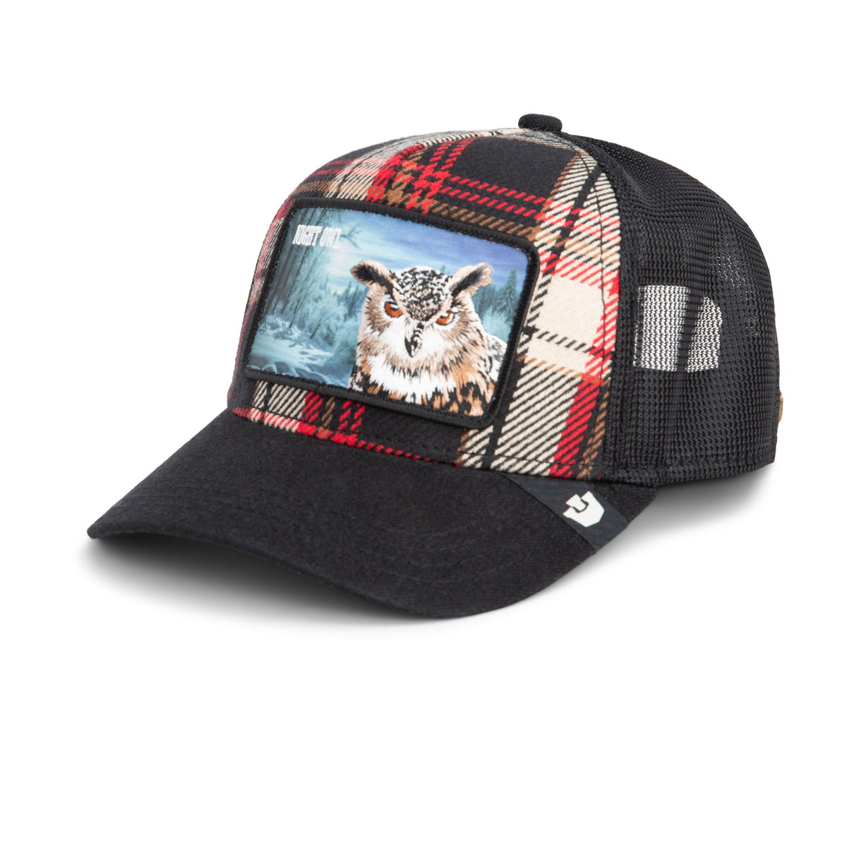 Goorin Cabin Fever Trucker Hat in red plaid with an owl patch and black mesh back.