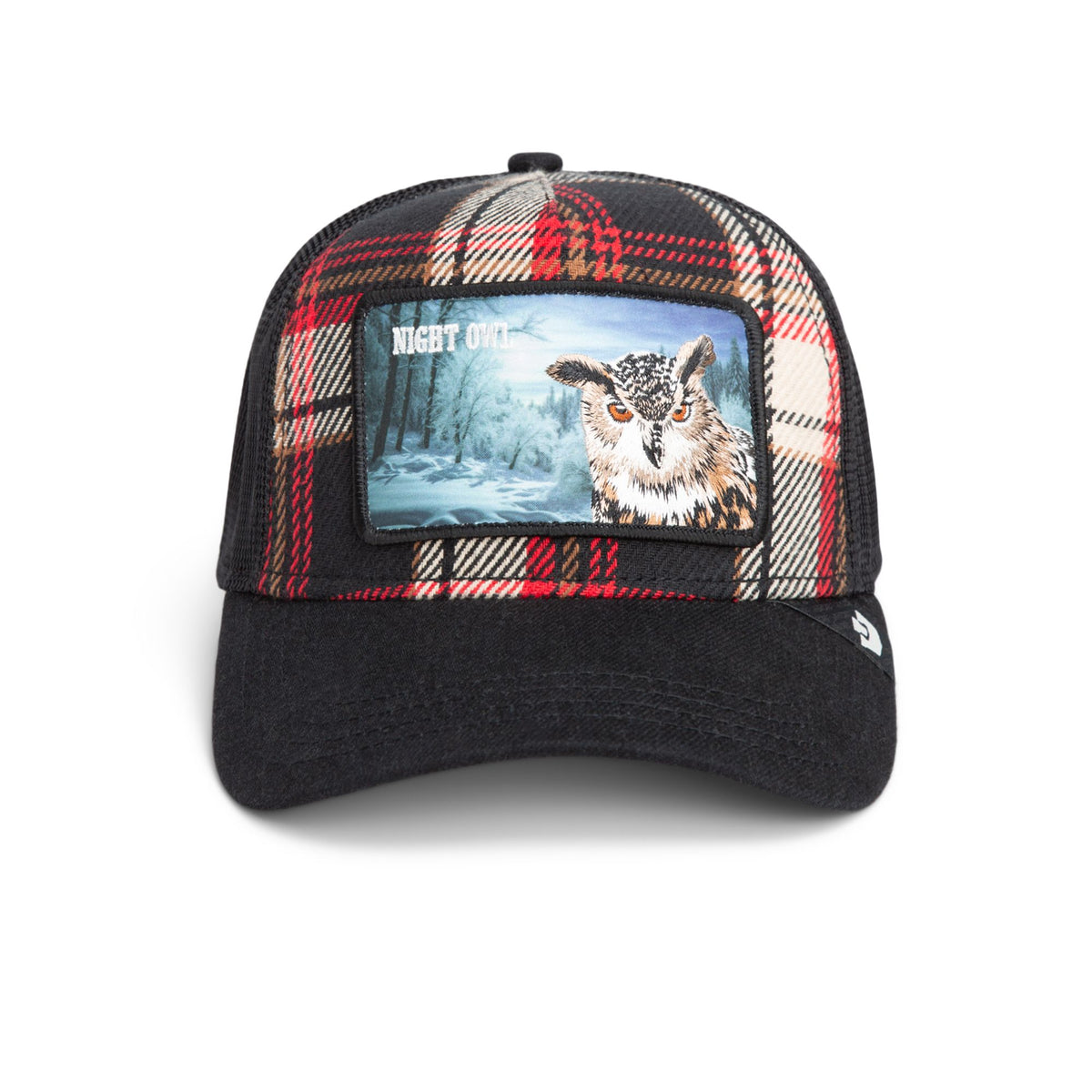 Goorin Cabin Fever Trucker Hat with red plaid panels and an owl patch for outdoor adventure